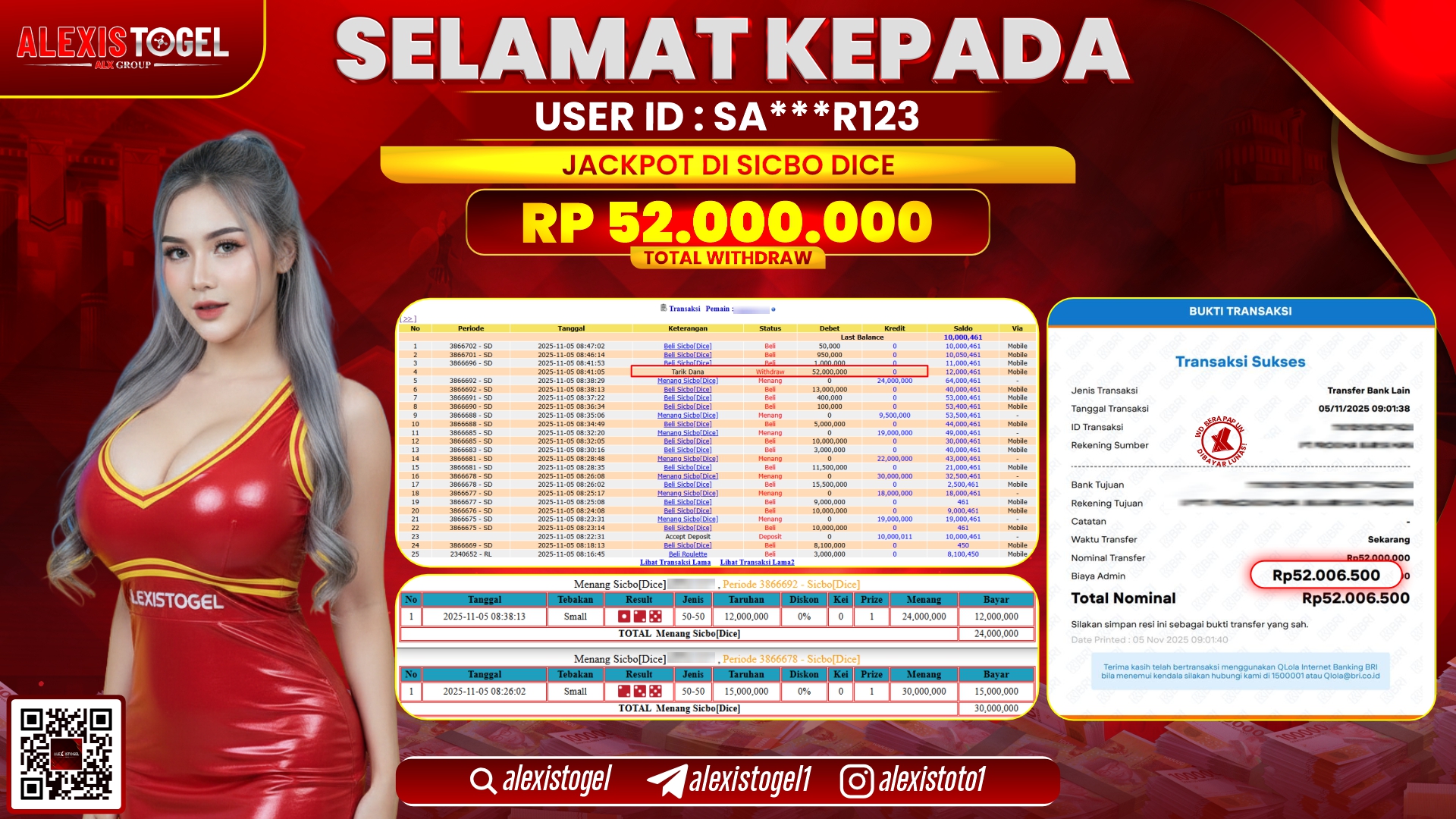 ALEXISTOGEL di CASINO SICBO DICE RP.52.000.000, LUNAS