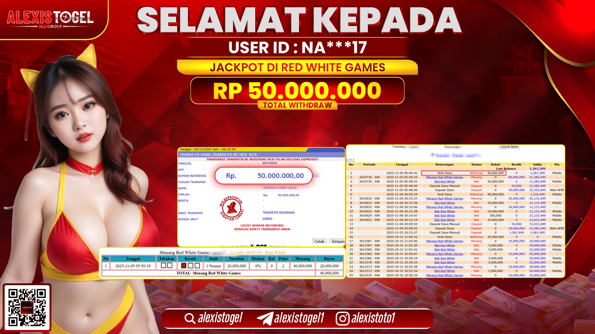 ALEXISTOGEL di CASINO RED WHITE GAMES RP.50.000.000, LUNAS
