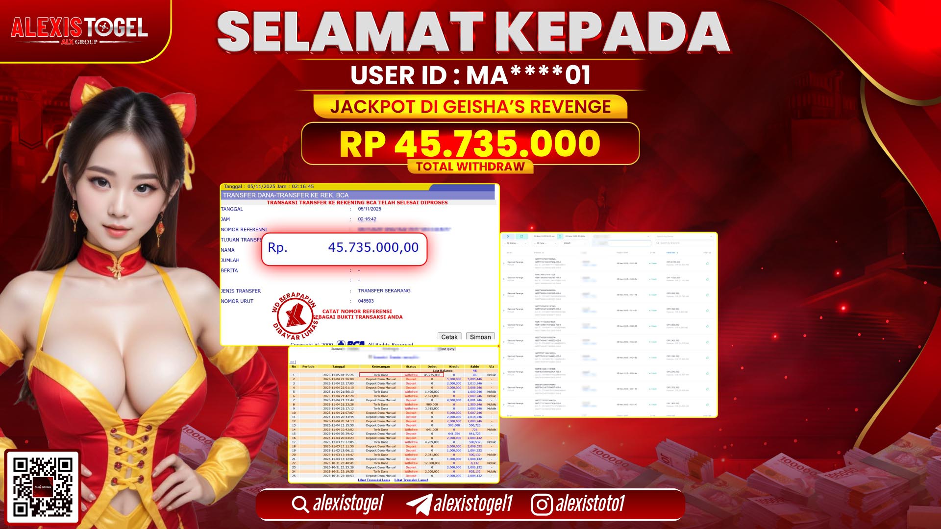 ALEXISTOGEL di SLOT GEISHA'S REVENGE RP.45.735.000, LUNAS