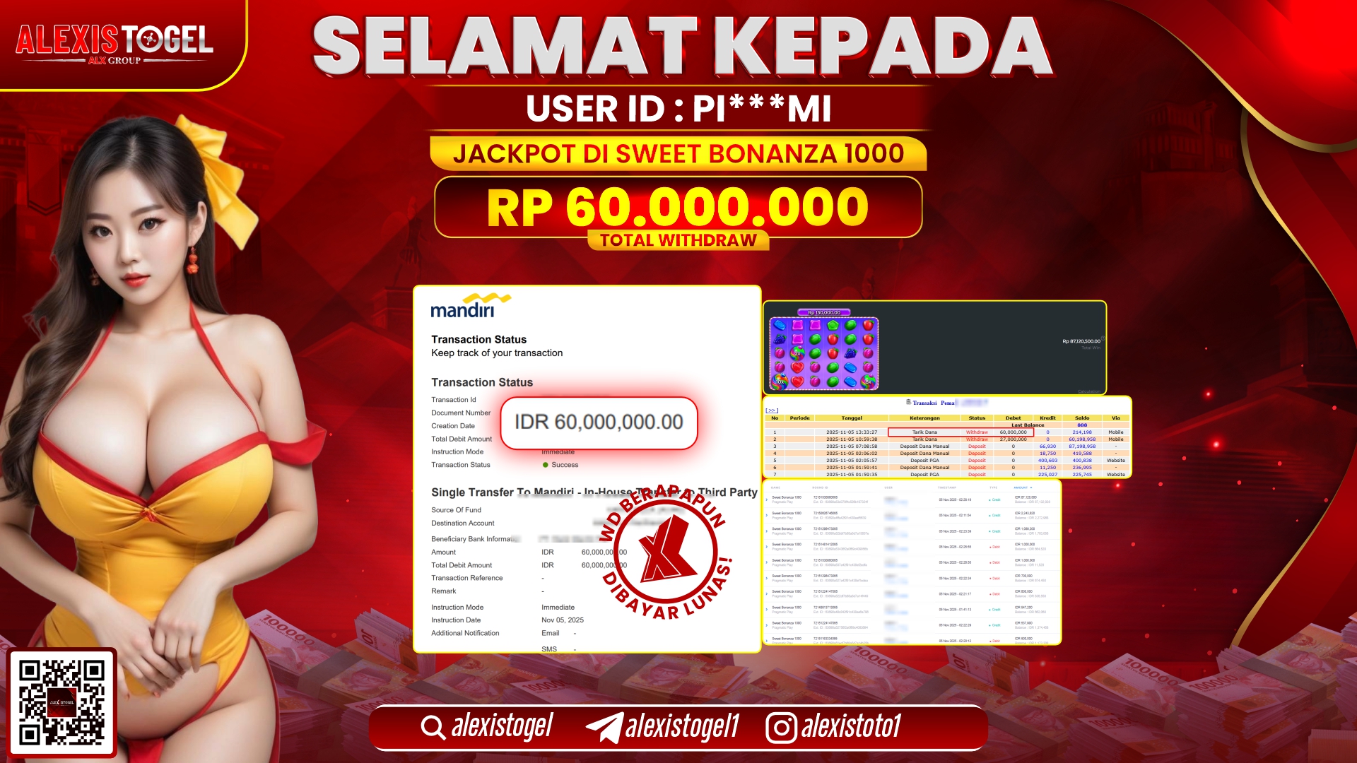 ALEXISTOGEL di SLOT SWEET BONANZA 1000 RP.60.000.000, LUNAS