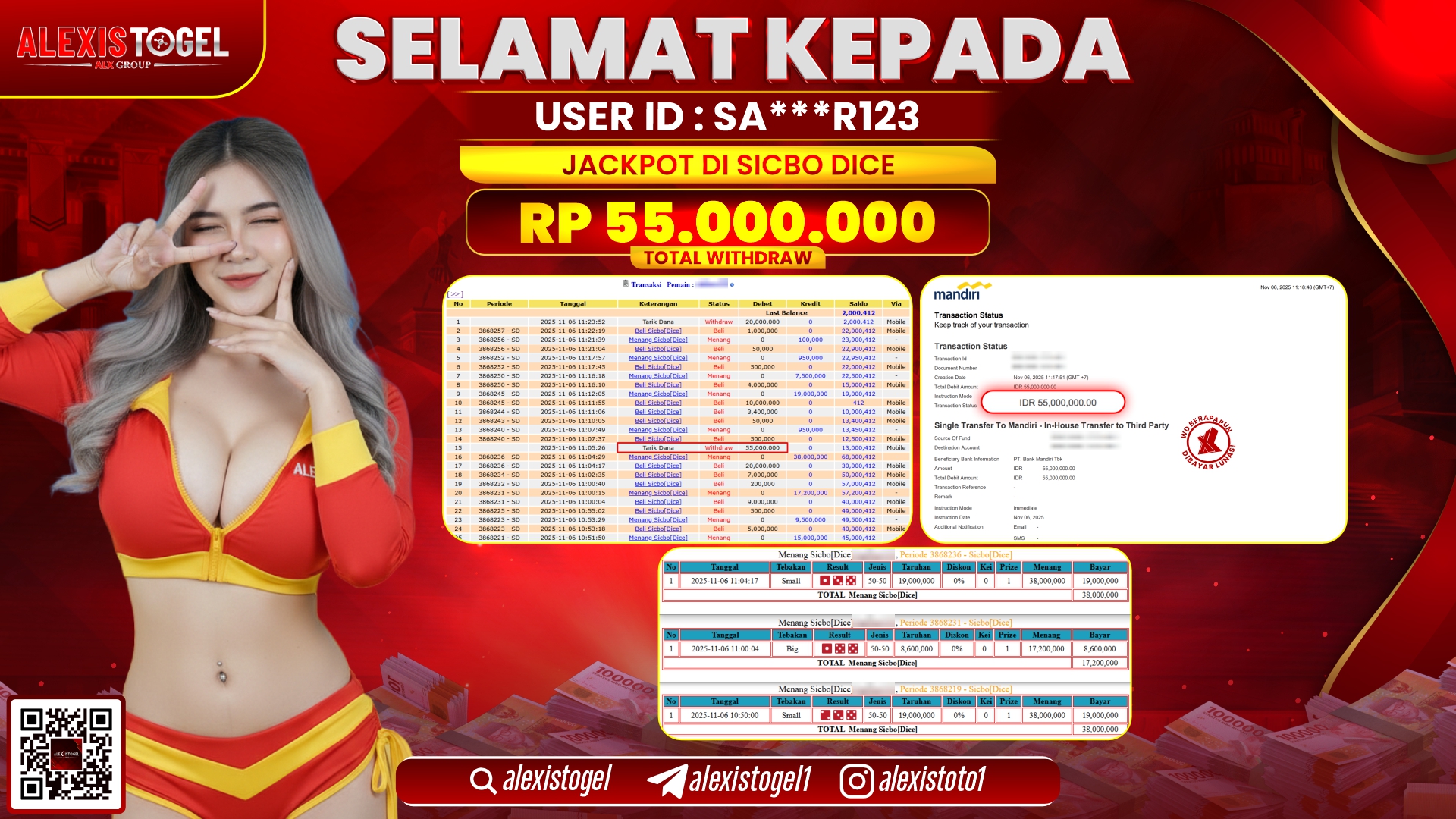 ALEXISTOGEL di CASINO SICBO DICE RP.55.000.000, LUNAS