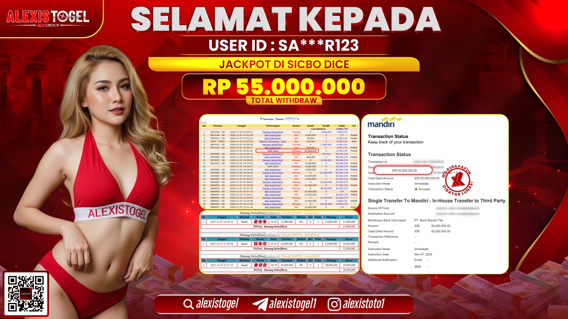 ALEXISTOGEL di CASINO SICBO DICE RP.55.000.000, LUNAS