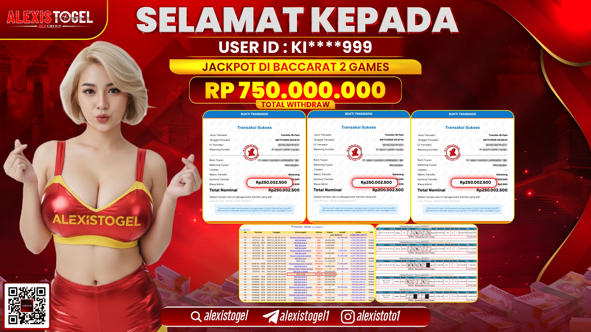 ALEXISTOGEL di CASINO BACCARAT 2 GAMES RP.750.000.000, LUNAS