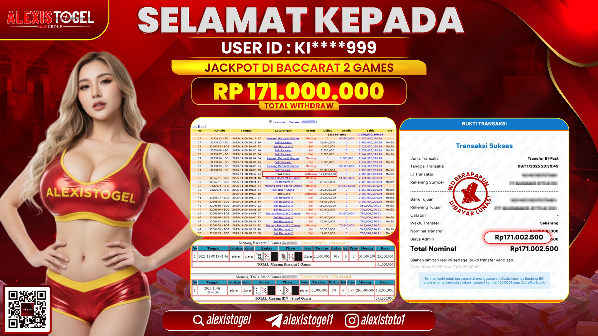 ALEXISTOGEL di CASINO BACCARAT 2 GAMES RP.171.000.000, LUNAS
