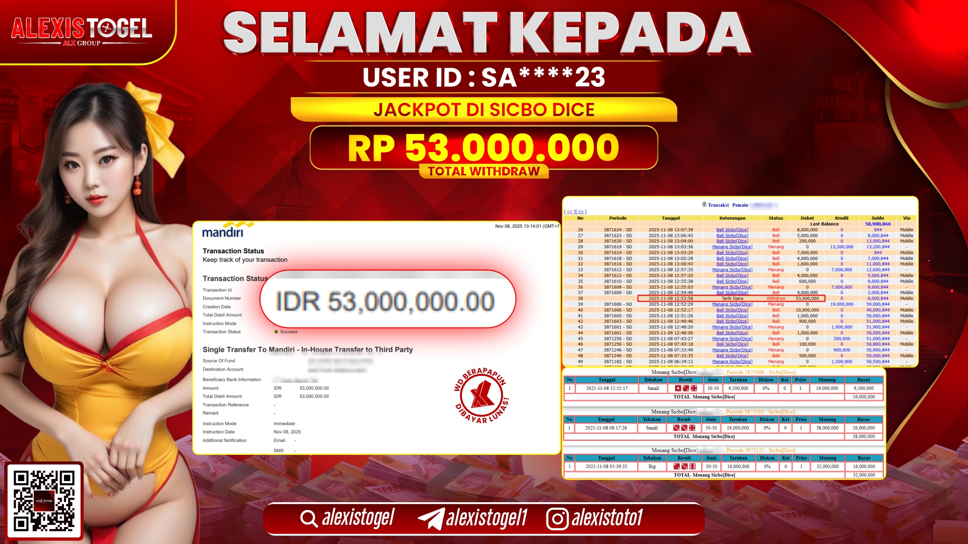 ALEXISTOGEL di CASINO SICBO DICE RP.53.000.000, LUNAS
