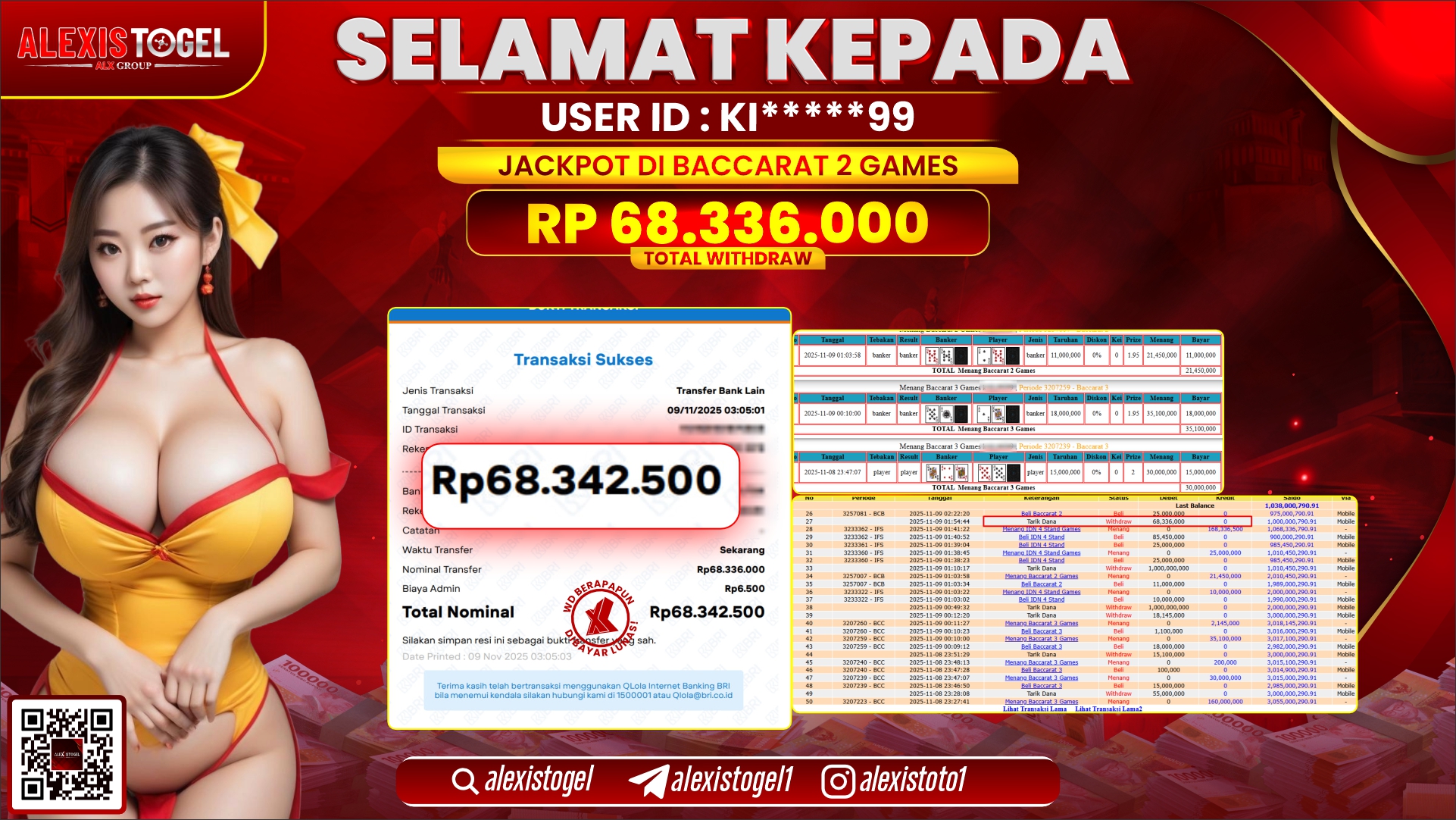 ALEXISTOGEL di CASINO BACCARAT 2 GAMES RP.68.336.000, LUNAS