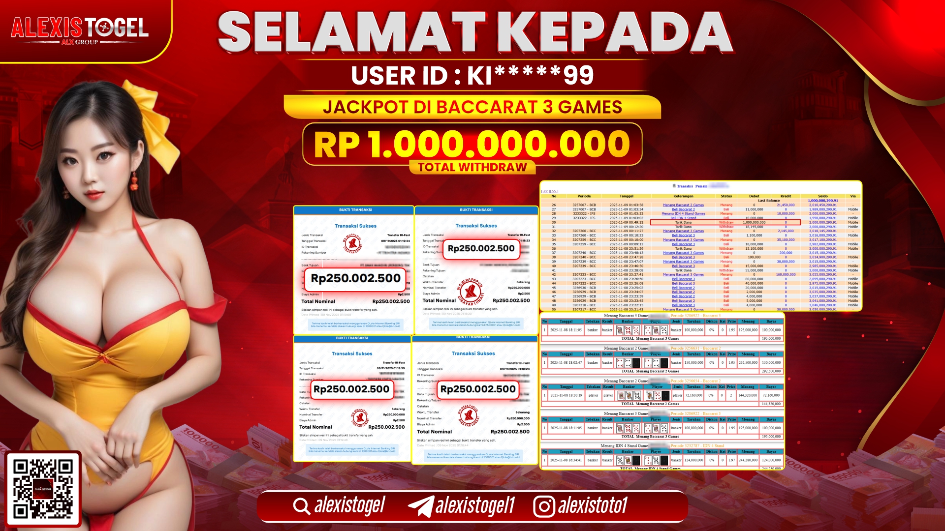 ALEXISTOGEL di CASINO BACCARAT 3 GAMES RP.1.000.000.000, LUNAS
