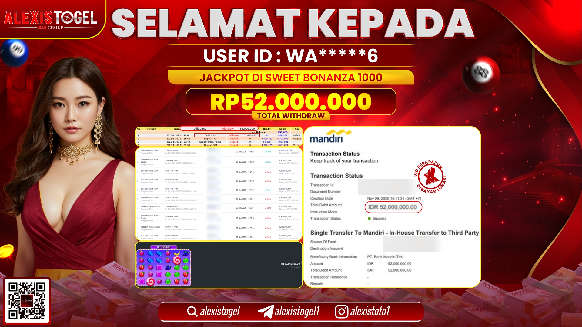 ALEXISTOGEL di SLOT SWEET BONANZA 1000 RP.52.000.000, LUNAS