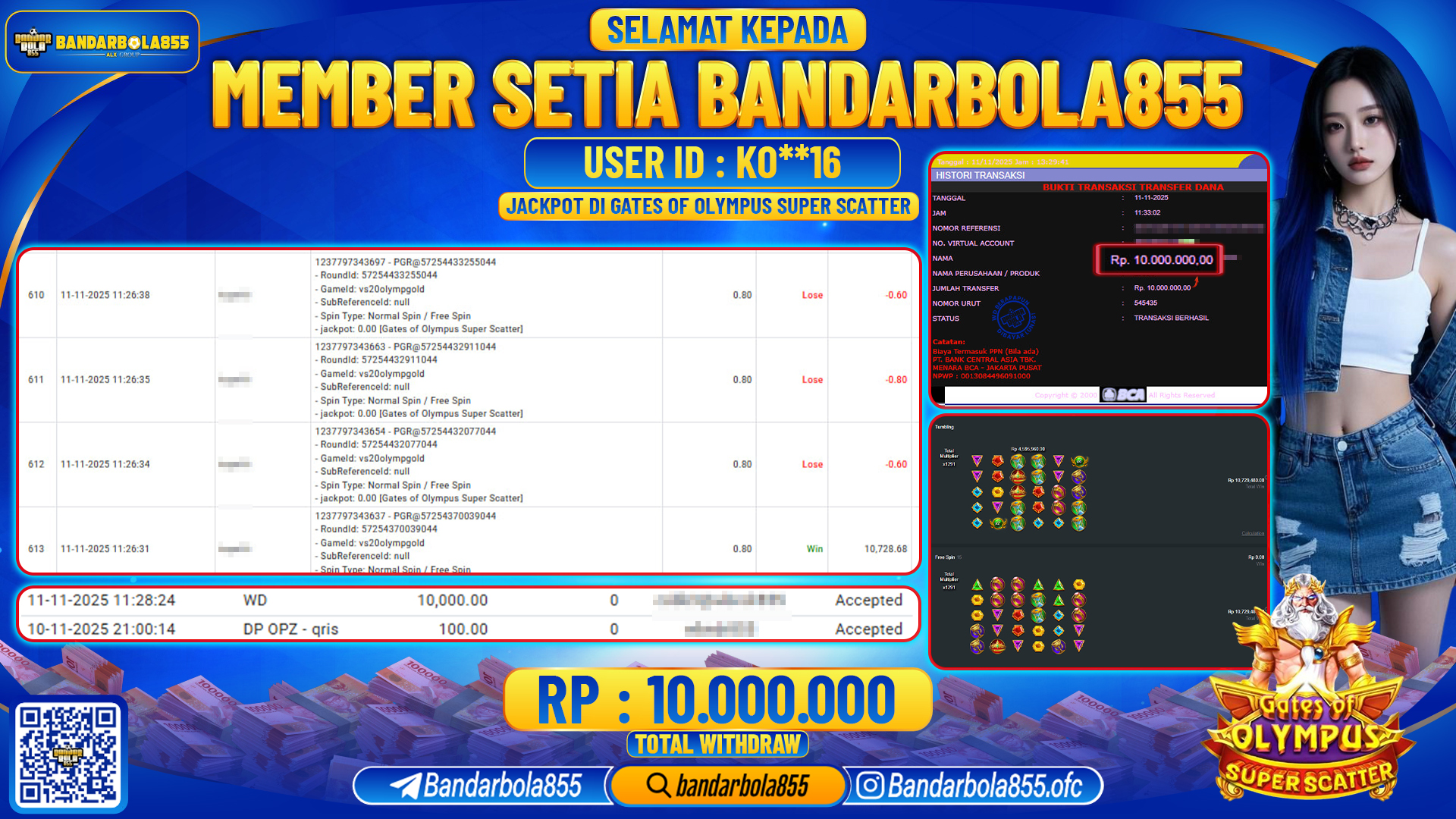 🎖 JACKPOT BANDARBOLA855 di GATES OF OLYMPUS SUPER SCATTER Rp10.000.000🎖