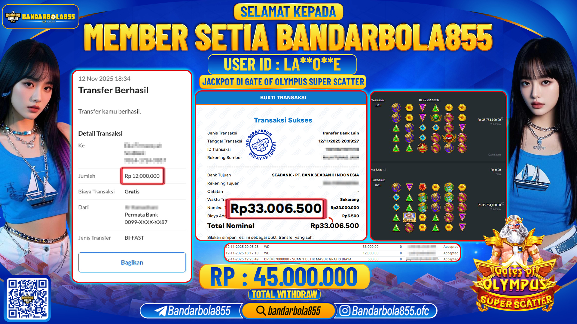 🎖 JACKPOT BANDARBOLA855 di GATE OF OLYMPUS SUPER SCATTER Rp45.000.000🎖