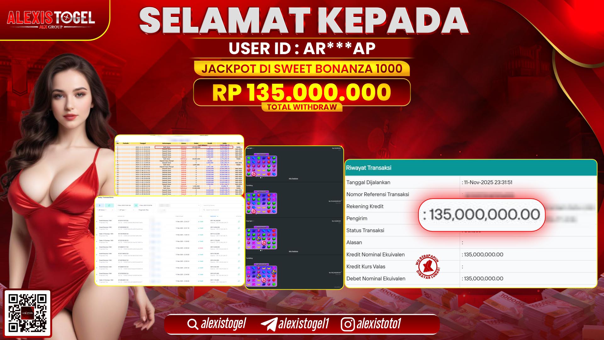 ALEXISTOGEL di SLOT SWEET BONANZA 1000 RP.135.000.000, LUNAS