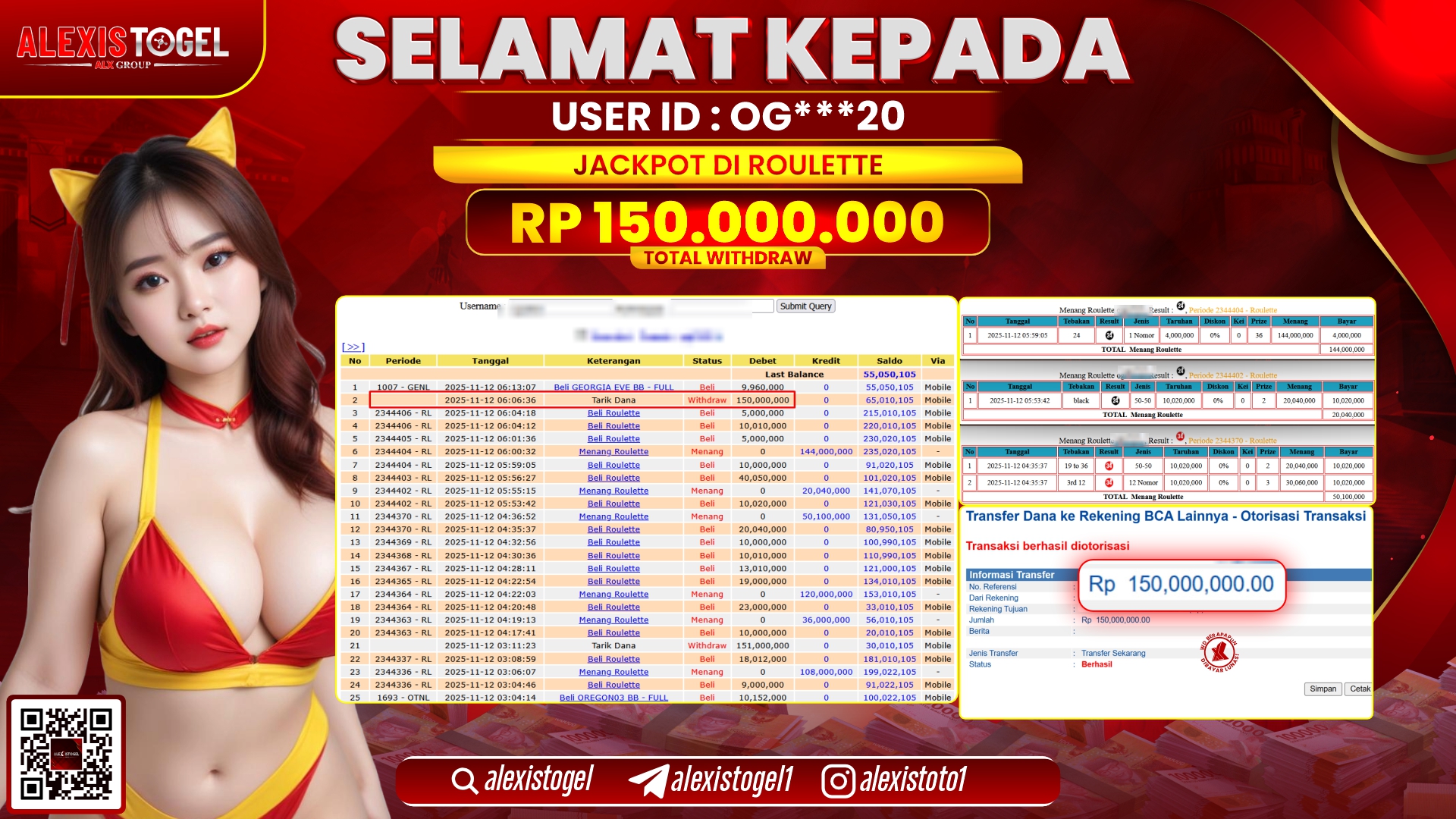 ALEXISTOGEL di CASINO ROULETTE RP.150.000.000, LUNAS