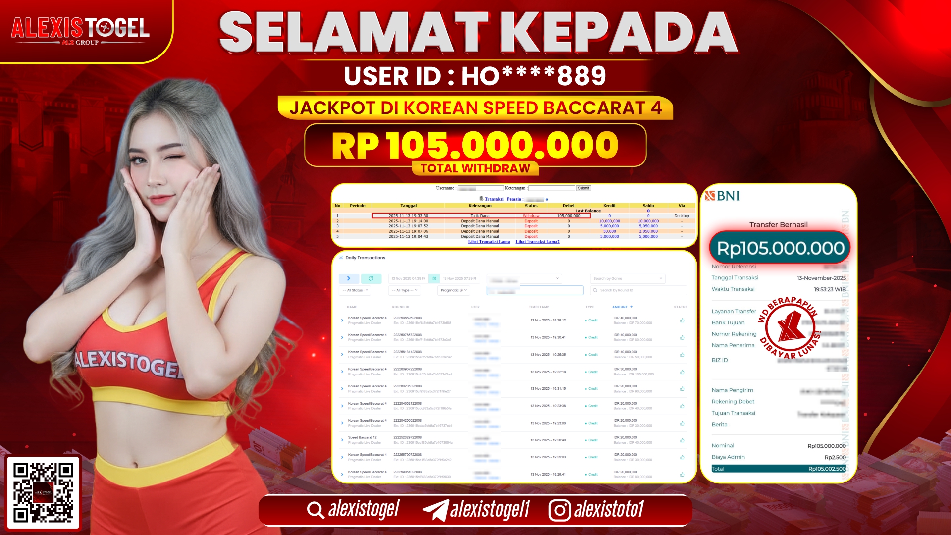 ALEXISTOGEL di CASINO KOREAN SPEED BACCARAT 4 RP.105.000.000, LUNAS