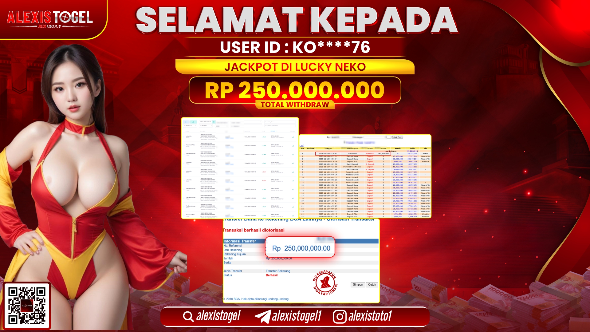 ALEXISTOGEL di SLOT LUCKY NEKO RP.250.000.000, LUNAS