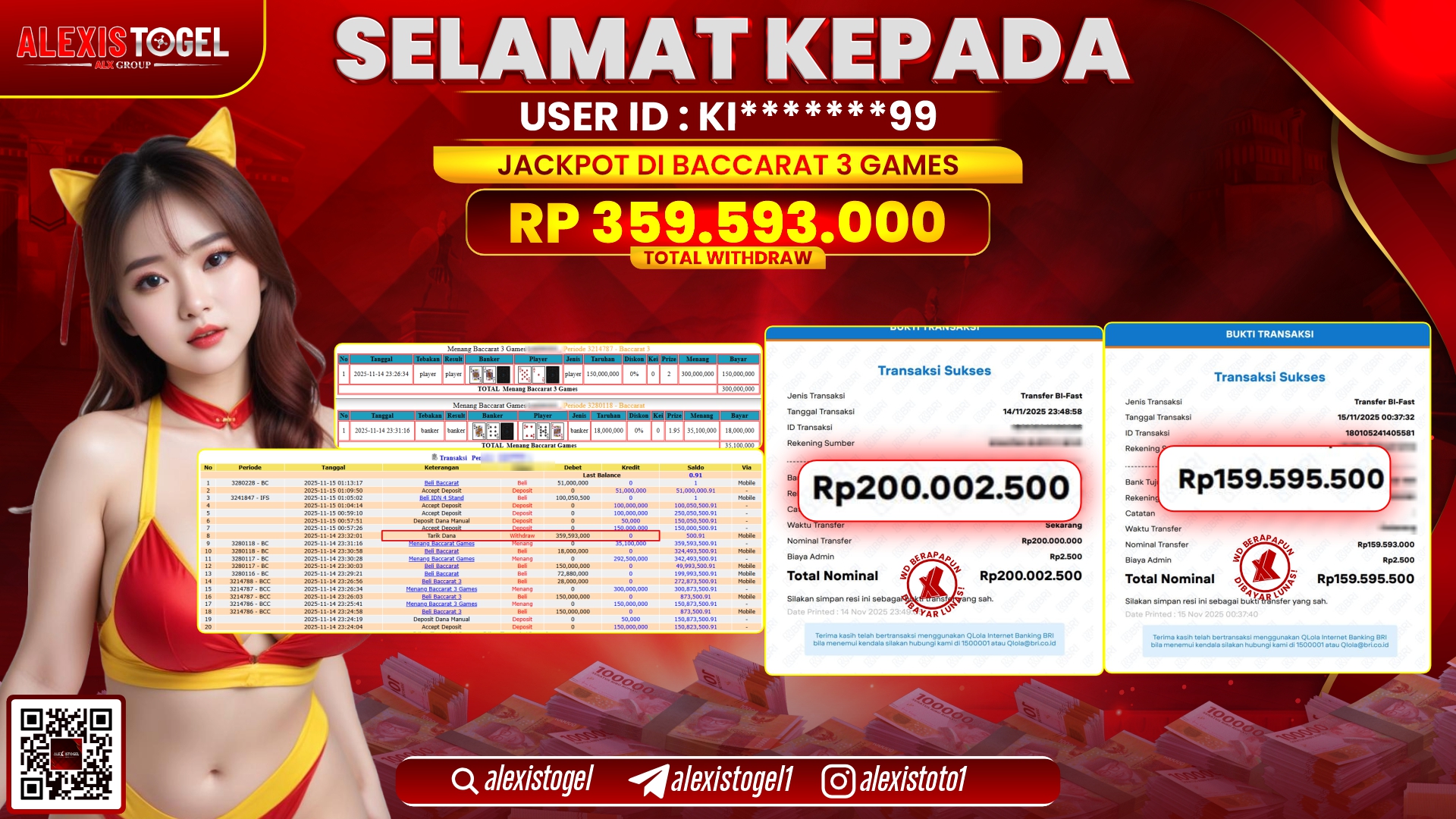 ALEXISTOGEL di CASINO BACCARAT 3 GAMES RP.359.593.000, LUNAS