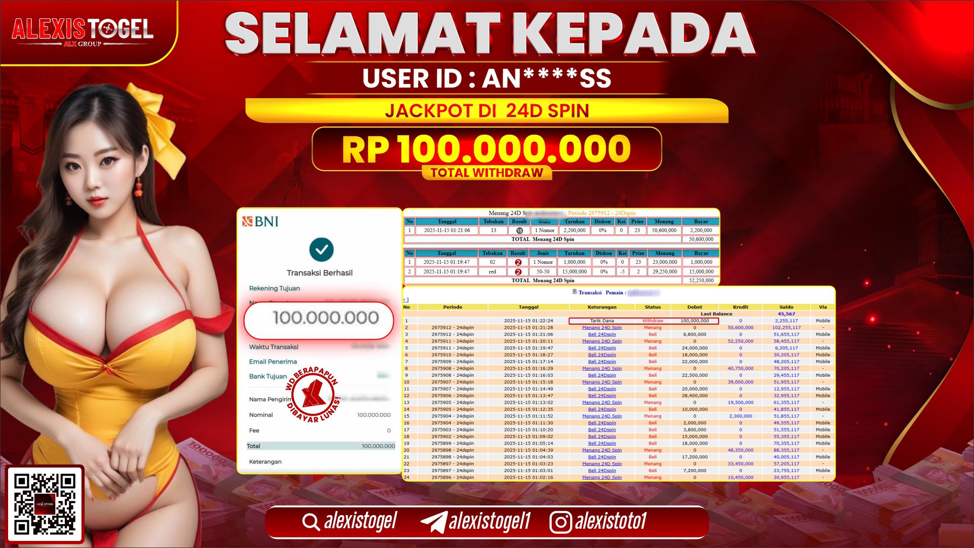 ALEXISTOGEL di CASINO 24D SPIN RP.100.000.000, LUNAS