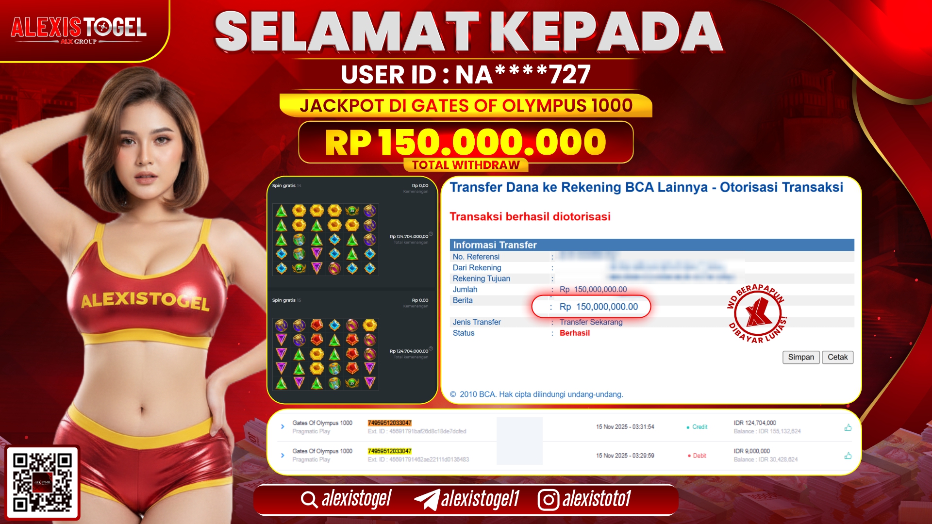 ALEXISTOGEL di SLOT GATES OF OLYMPUS 1000 RP.150.000.000, LUNAS