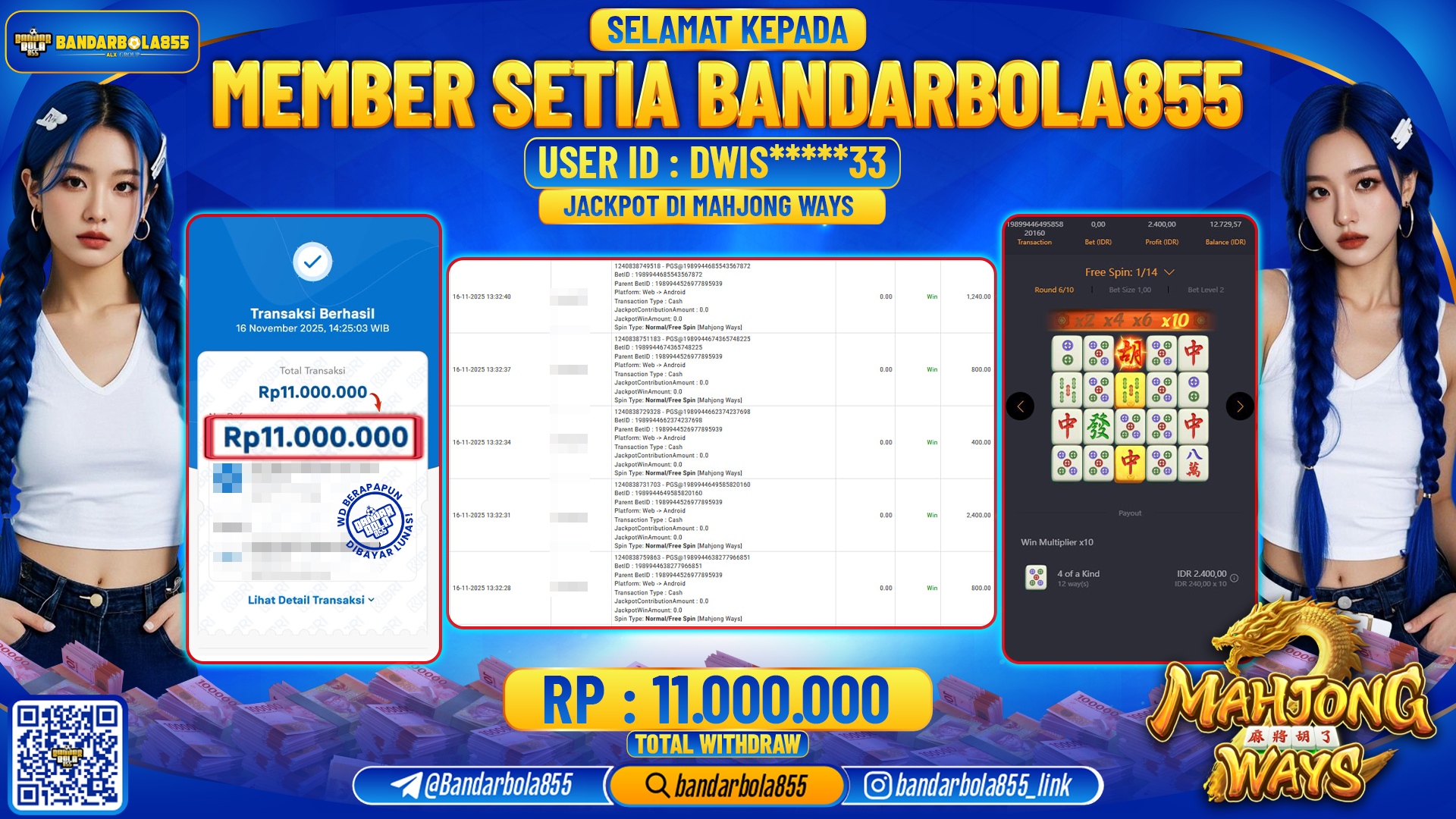 🎖 JACKPOT BANDARBOLA855 di MAHJONG WAYS Rp11.000.000🎖