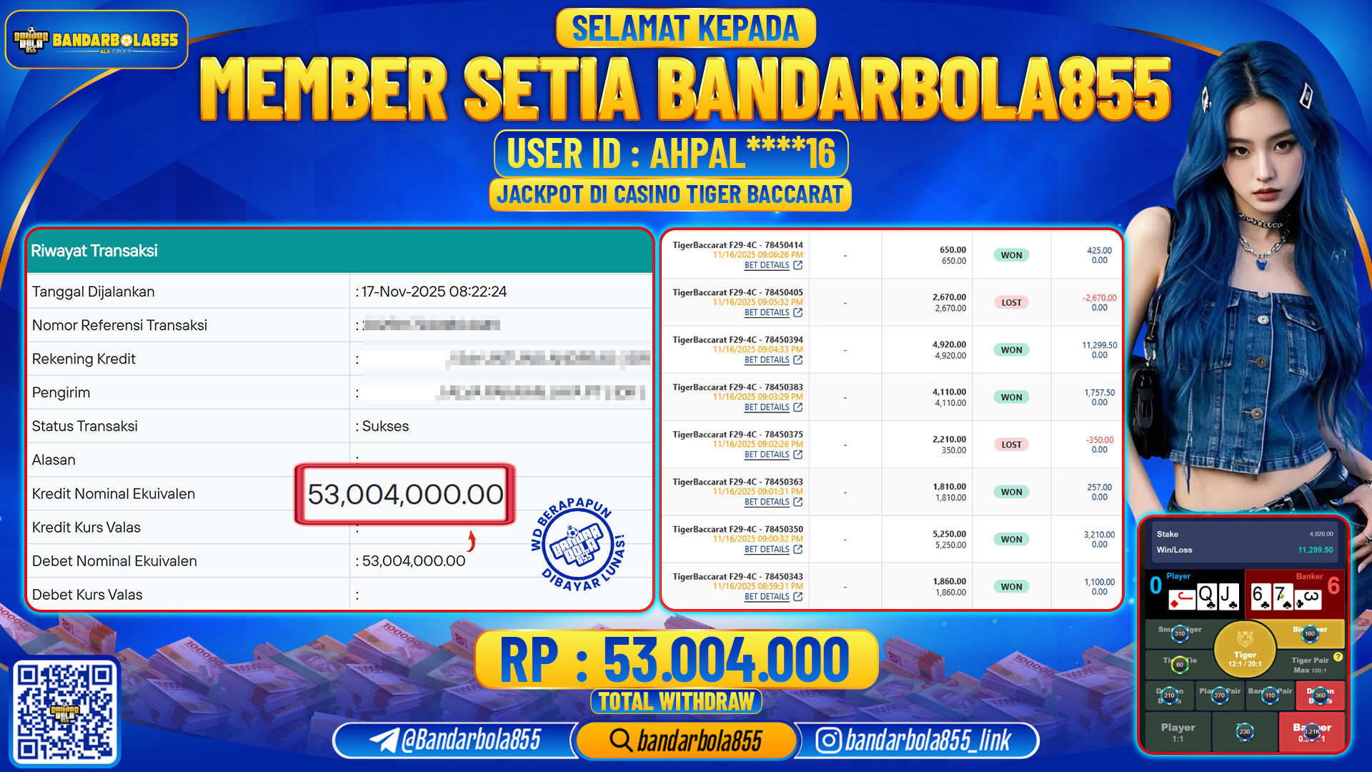 🎖 JACKPOT BANDARBOLA855 di CASINO TIGER BACCARAT Rp53.004.000🎖