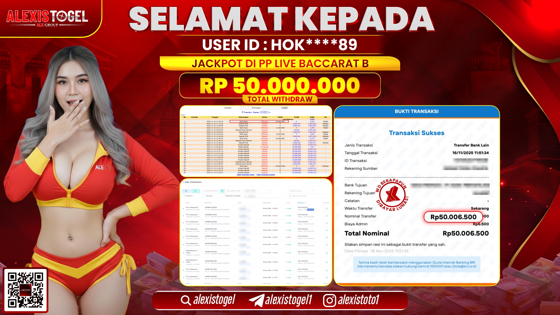 ALEXISTOGEL di PP LIVE BACCARAT B RP.50.000.000, LUNAS