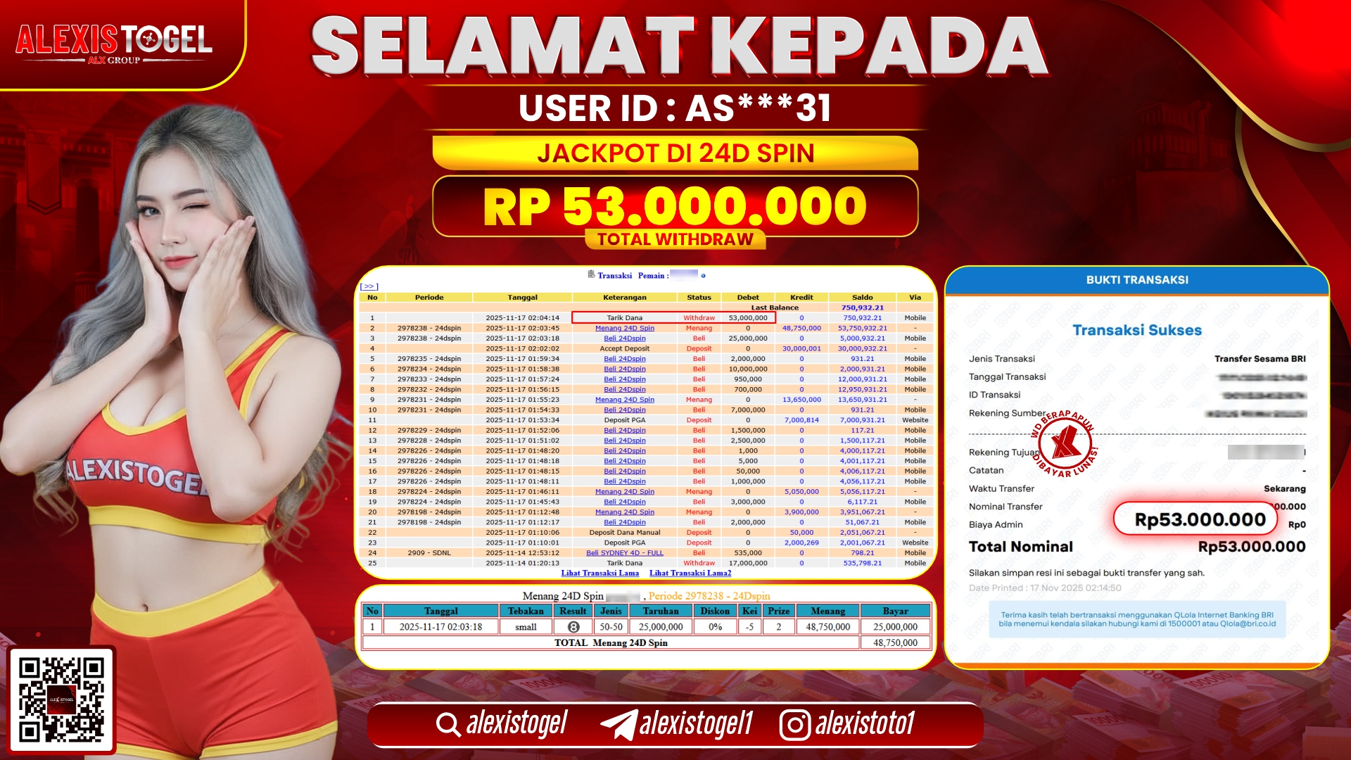 ALEXISTOGEL di CASINO 24D SPIN RP.53.000.000, LUNAS