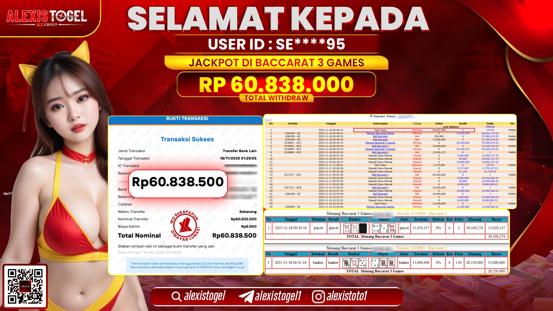 ALEXISTOGEL di CASINO BACCARAT 3 GAMES RP.60.838.000, LUNAS
