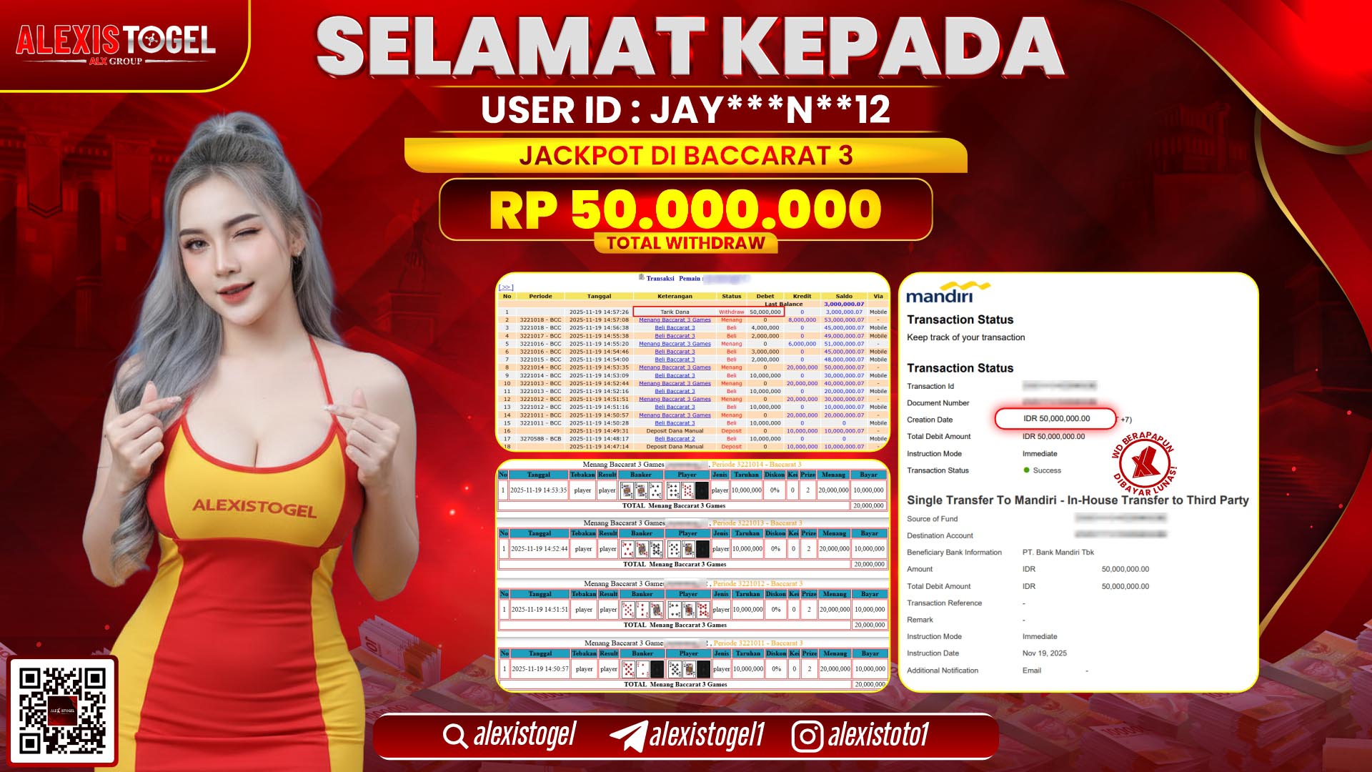 ALEXISTOGEL di CASINO BACCARAT 3 RP.50.000.000,- LUNAS