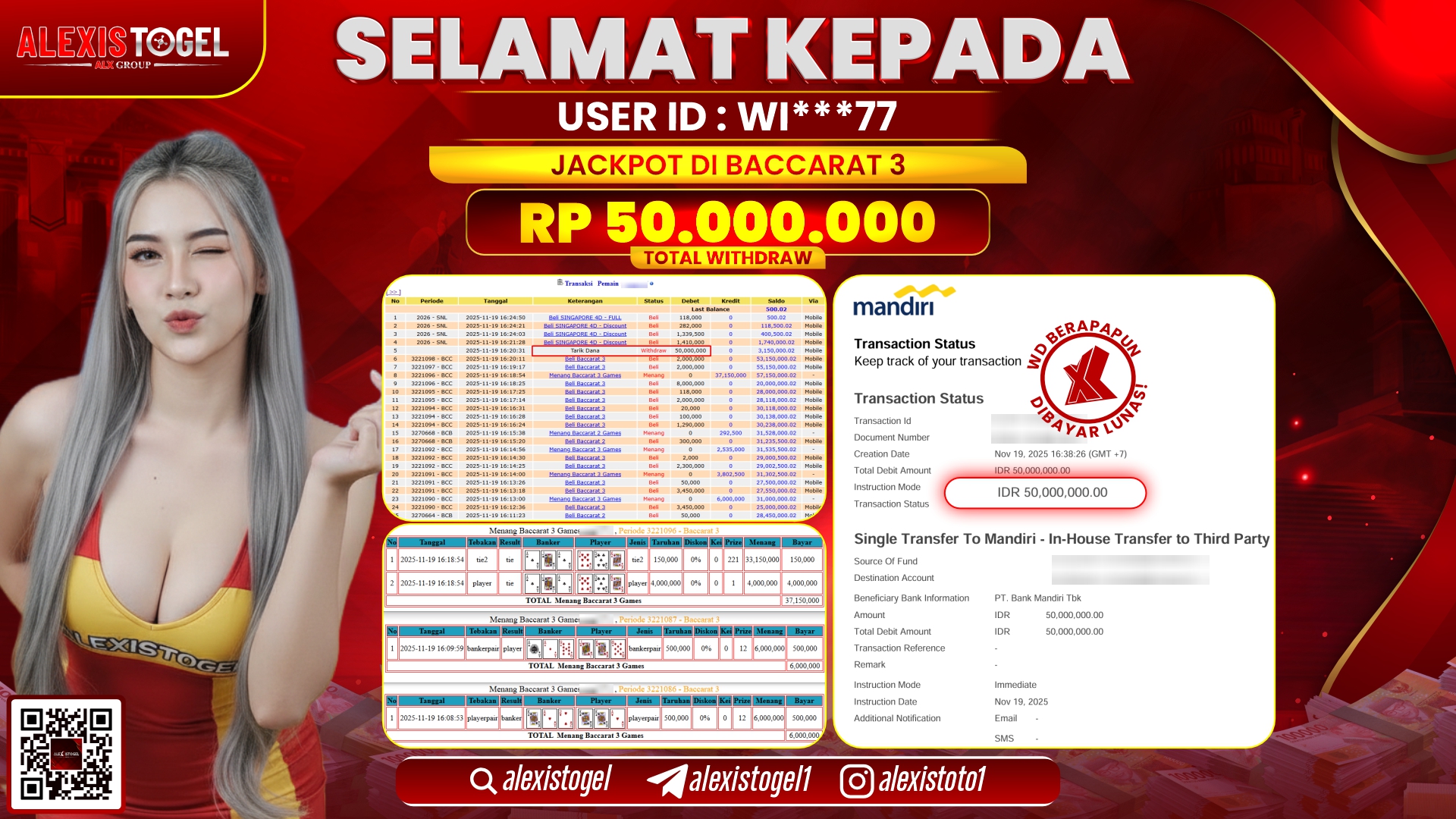 ALEXISTOGEL di CASINO BACCARAT 3 RP.50.000.000,- LUNAS