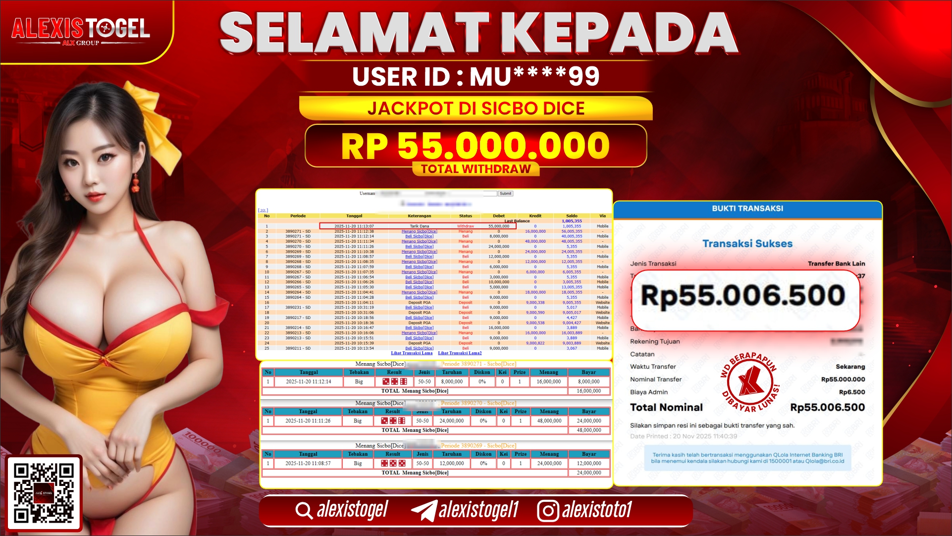 ALEXISTOGEL di CASINO SICBO DICE RP.55.000.000,- LUNAS