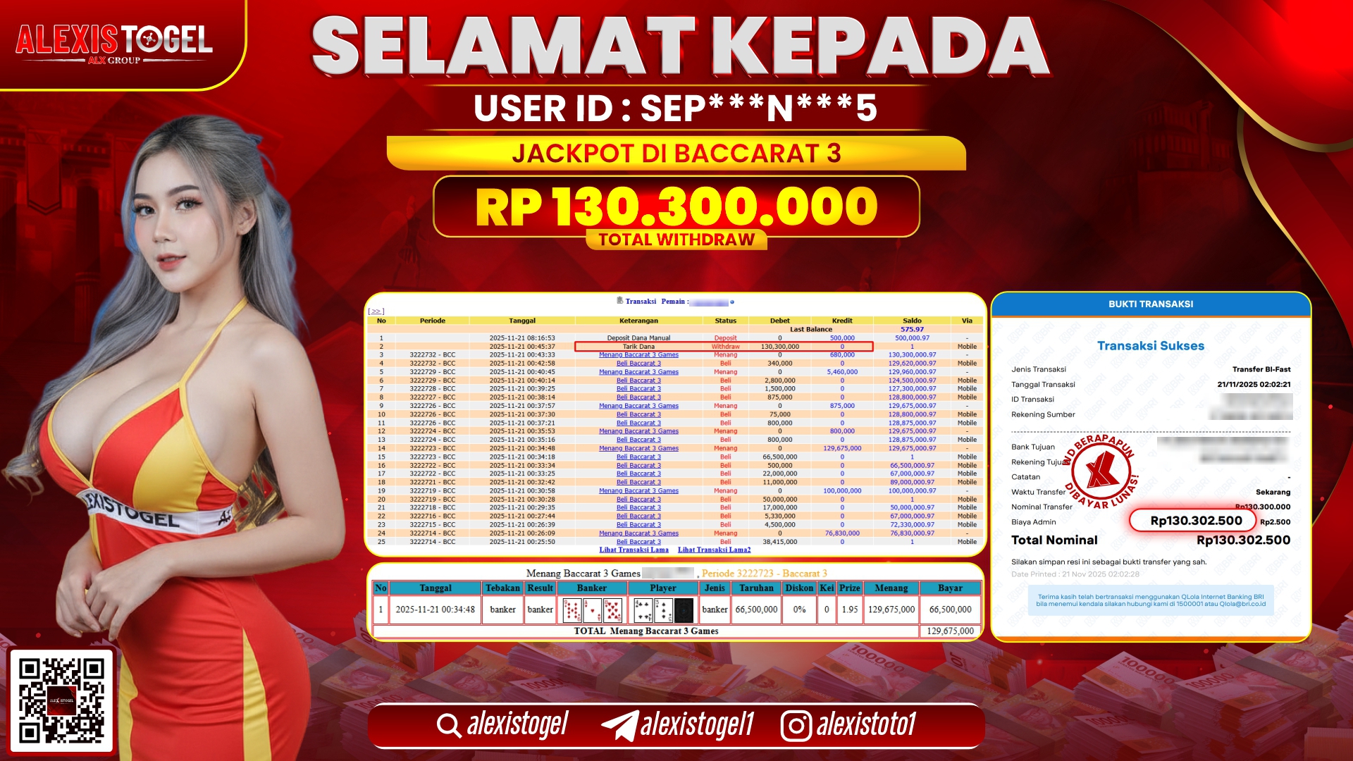 ALEXISTOGEL di CASINO BACCARAT 3 RP.130.300.000,- LUNAS
