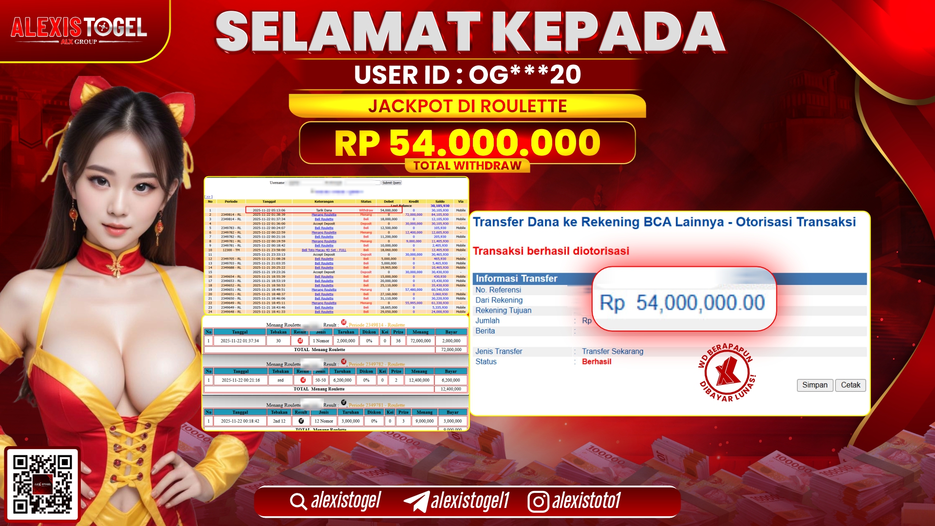 ALEXISTOGEL di CASINO ROULETTE RP.54.000.000,- LUNAS