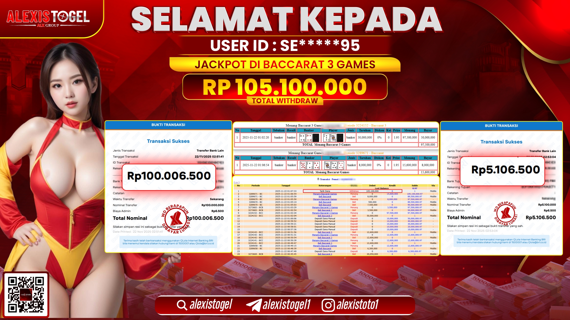 ALEXISTOGEL di CASINO BACCARAT 3 GAMES RP.105.100.000,- LUNAS