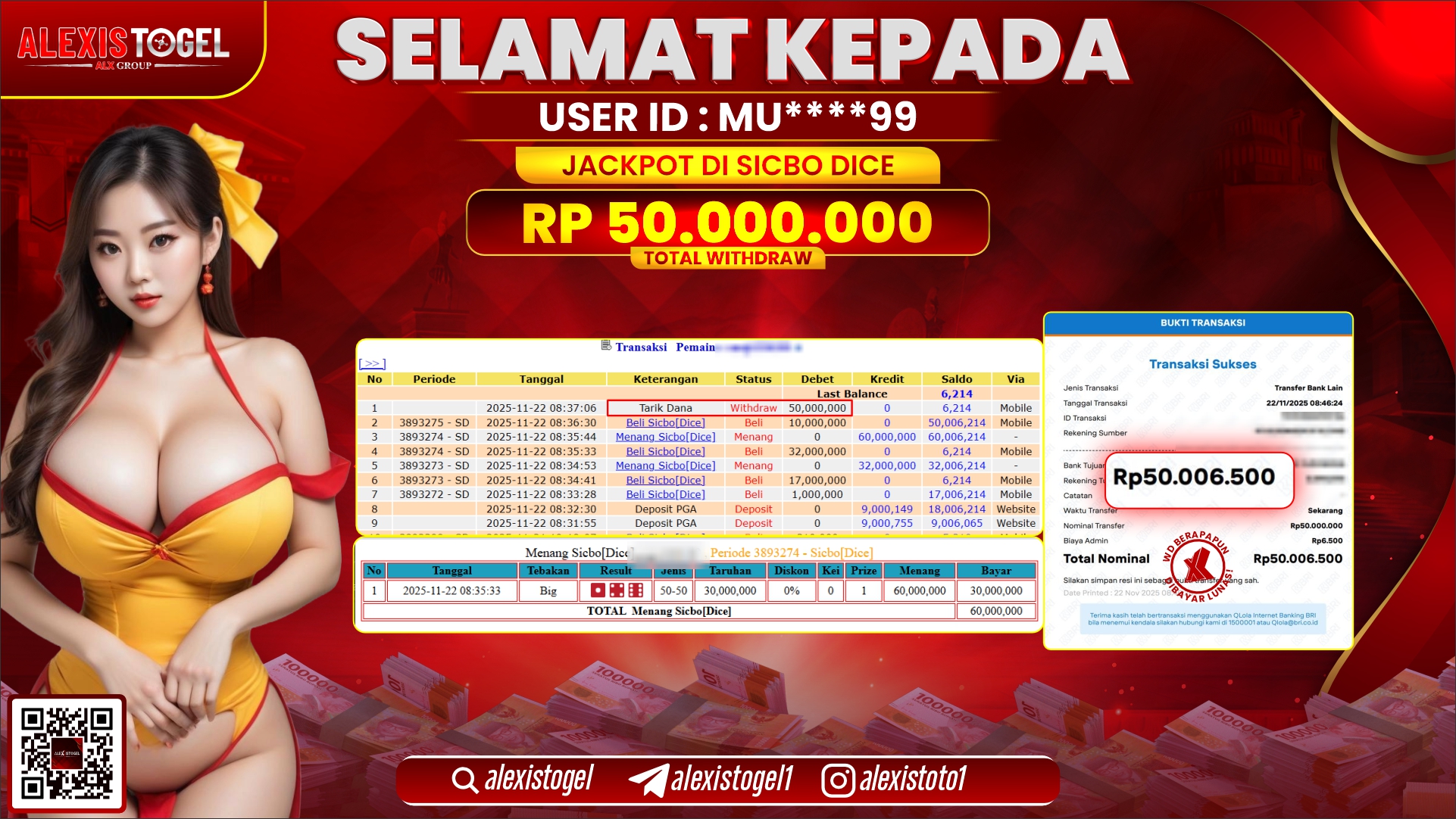 ALEXISTOGEL di CASINO SICBO DICE RP.50.000.000,- LUNAS
