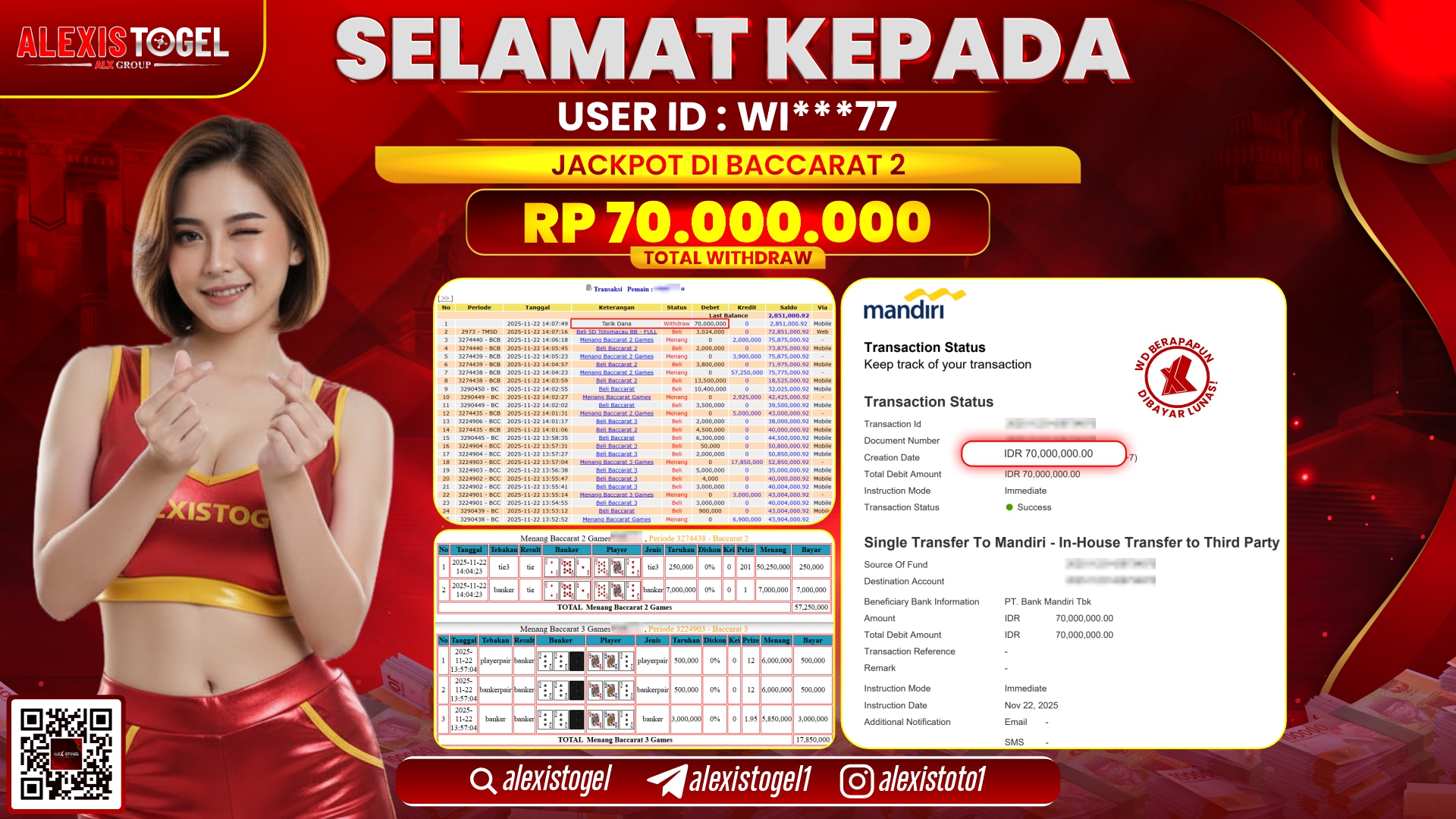 ALEXISTOGEL di CASINO BACCARAT 2 RP.70.000.000,- LUNAS