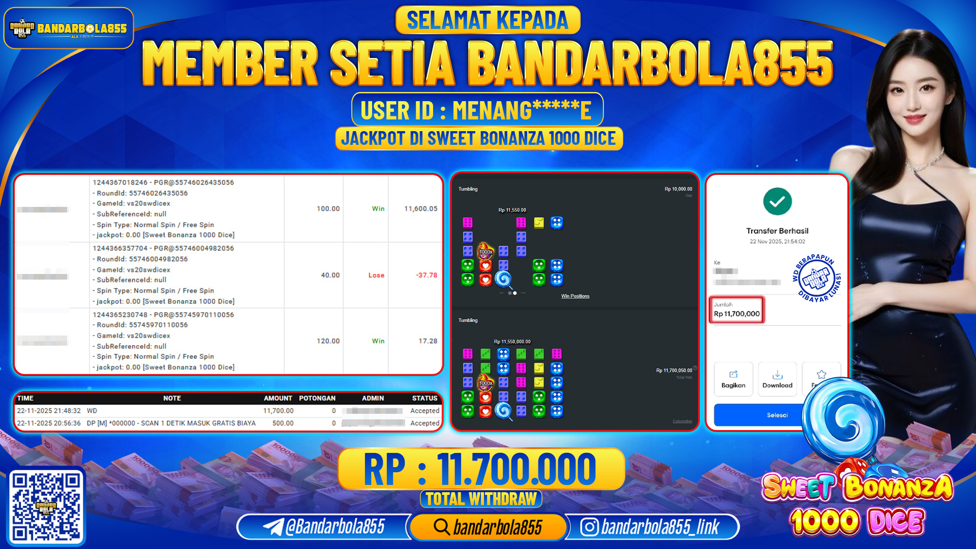 🎖 JACKPOT BANDARBOLA855 di SWEET BONANZA 1000 DICE  Rp11.700.000 🎖