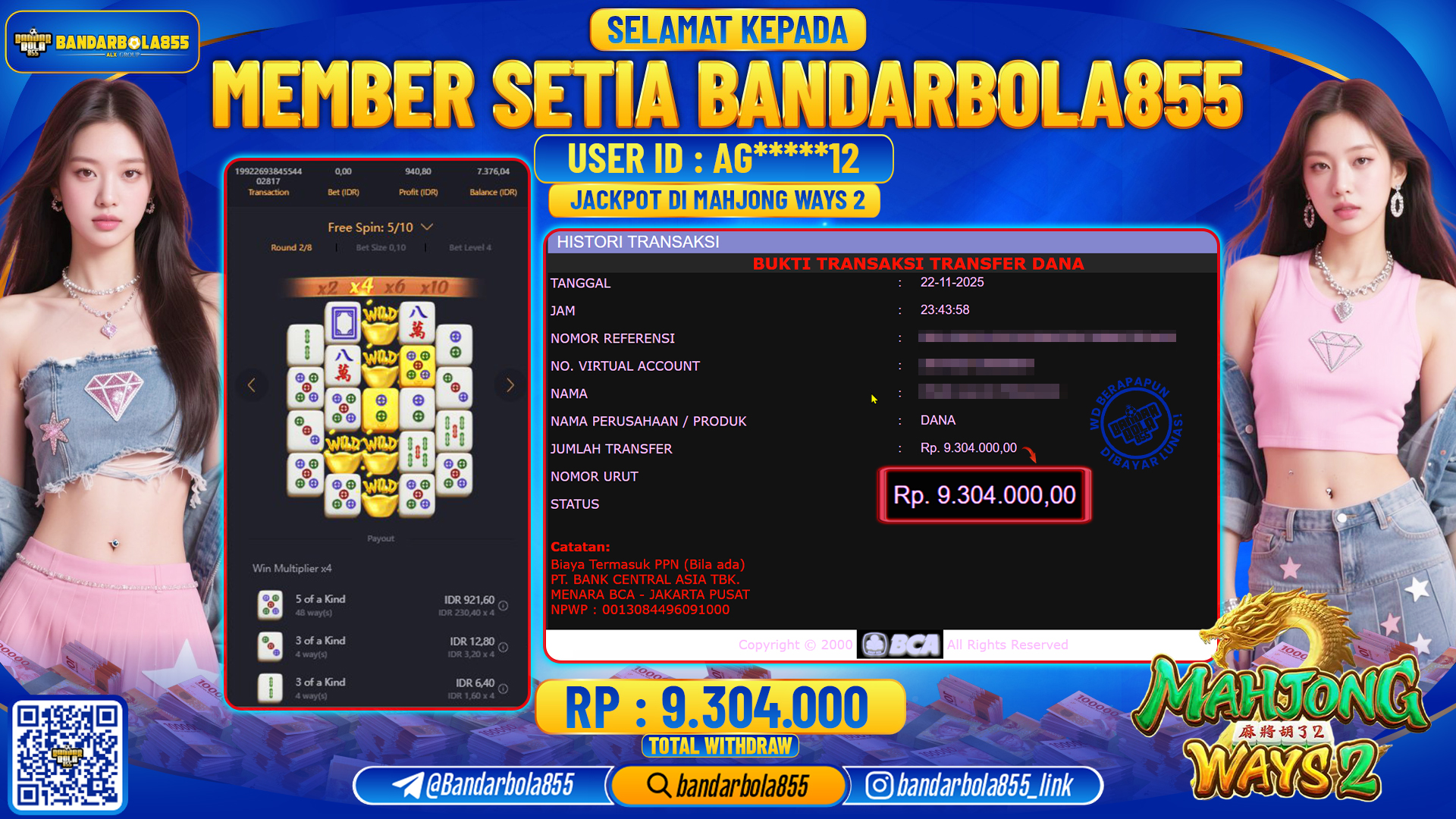 🎖 JACKPOT BANDARBOLA855 di MAHJONG WAYS 2 Rp9.304.000 🎖