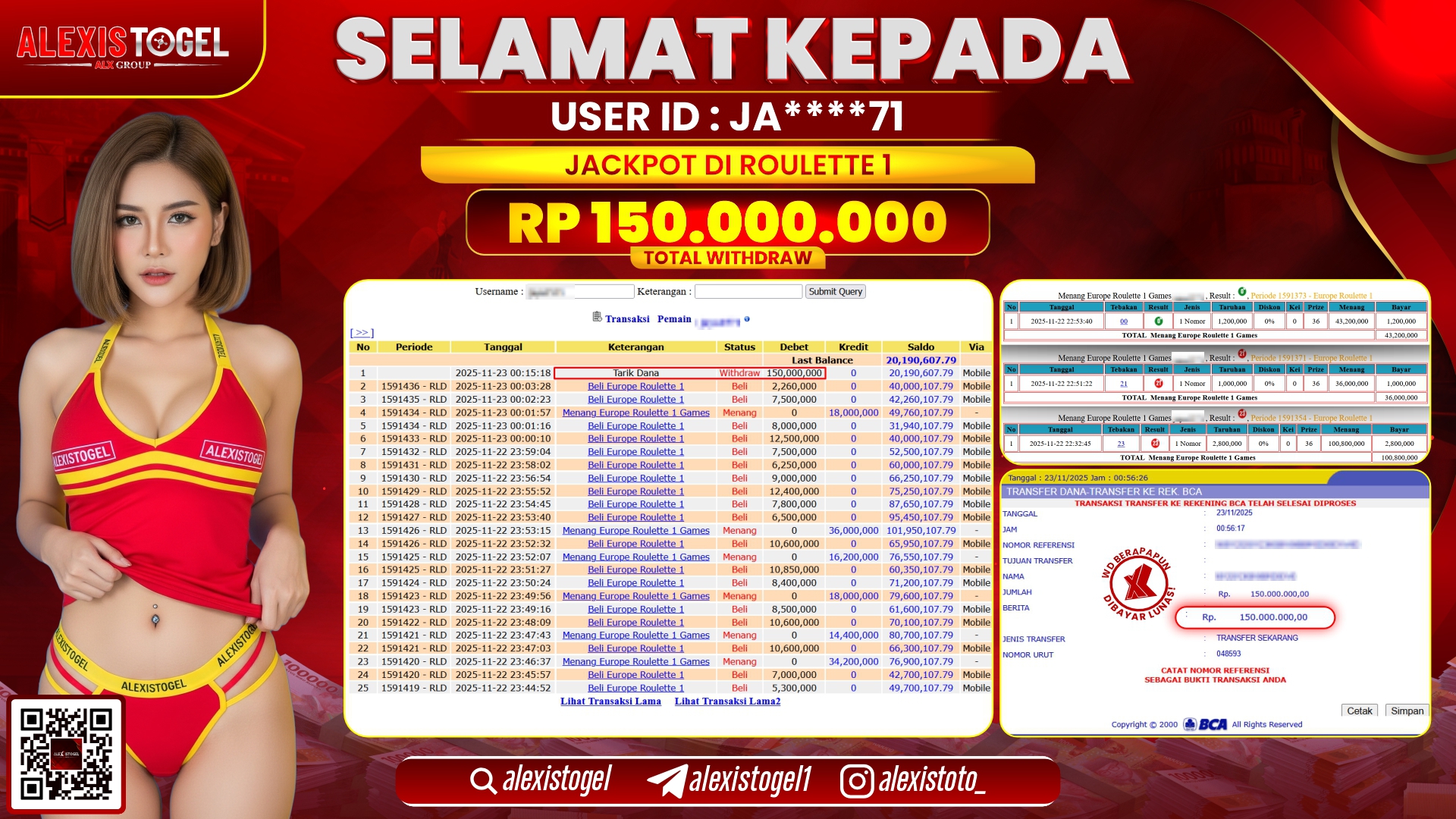 ALEXISTOGEL di CASINO ROULETTE 1 RP.150.000.000,- LUNAS