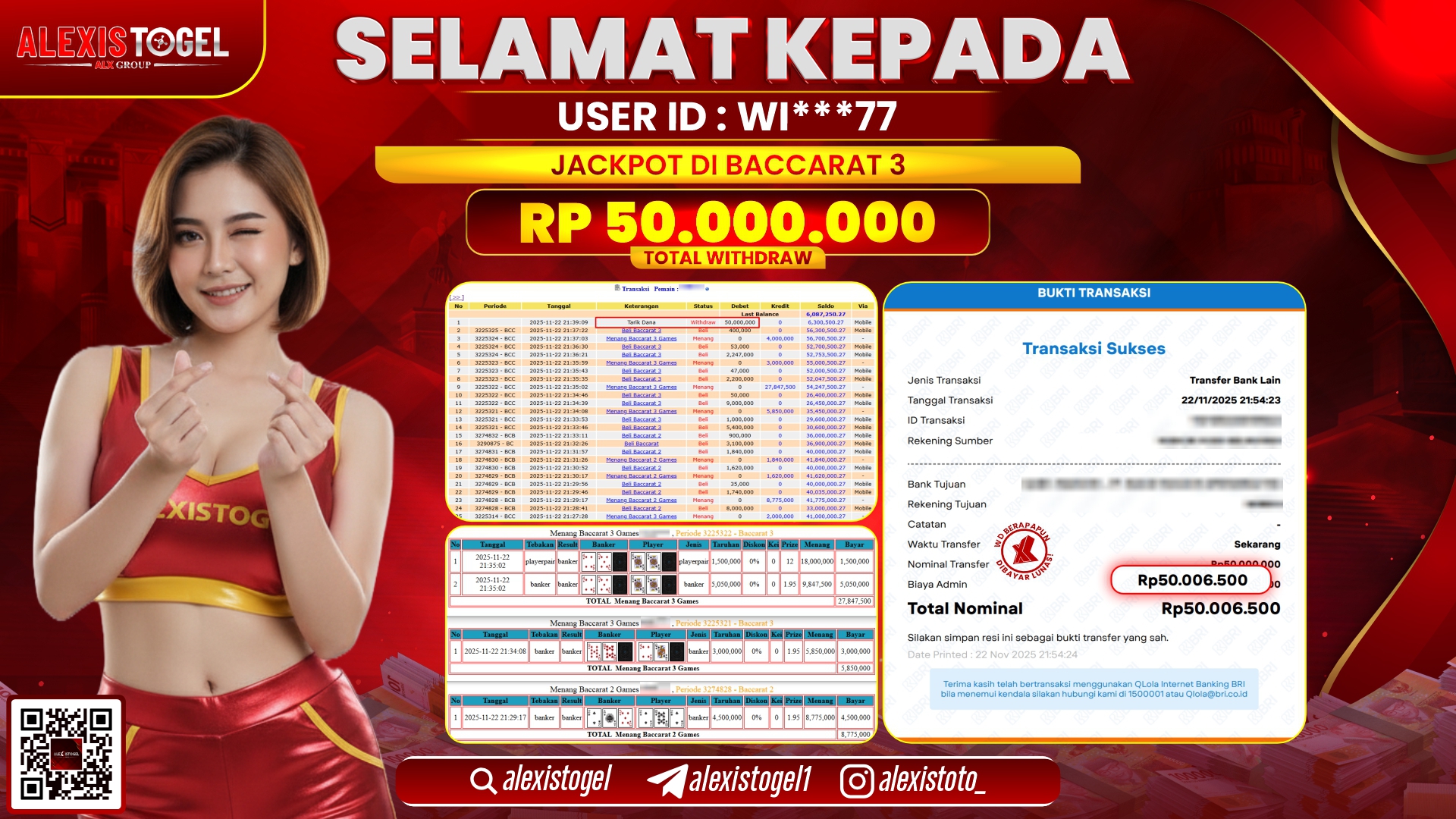 ALEXISTOGEL di CASINO BACCARAT 3 RP.50.000.000,- LUNAS