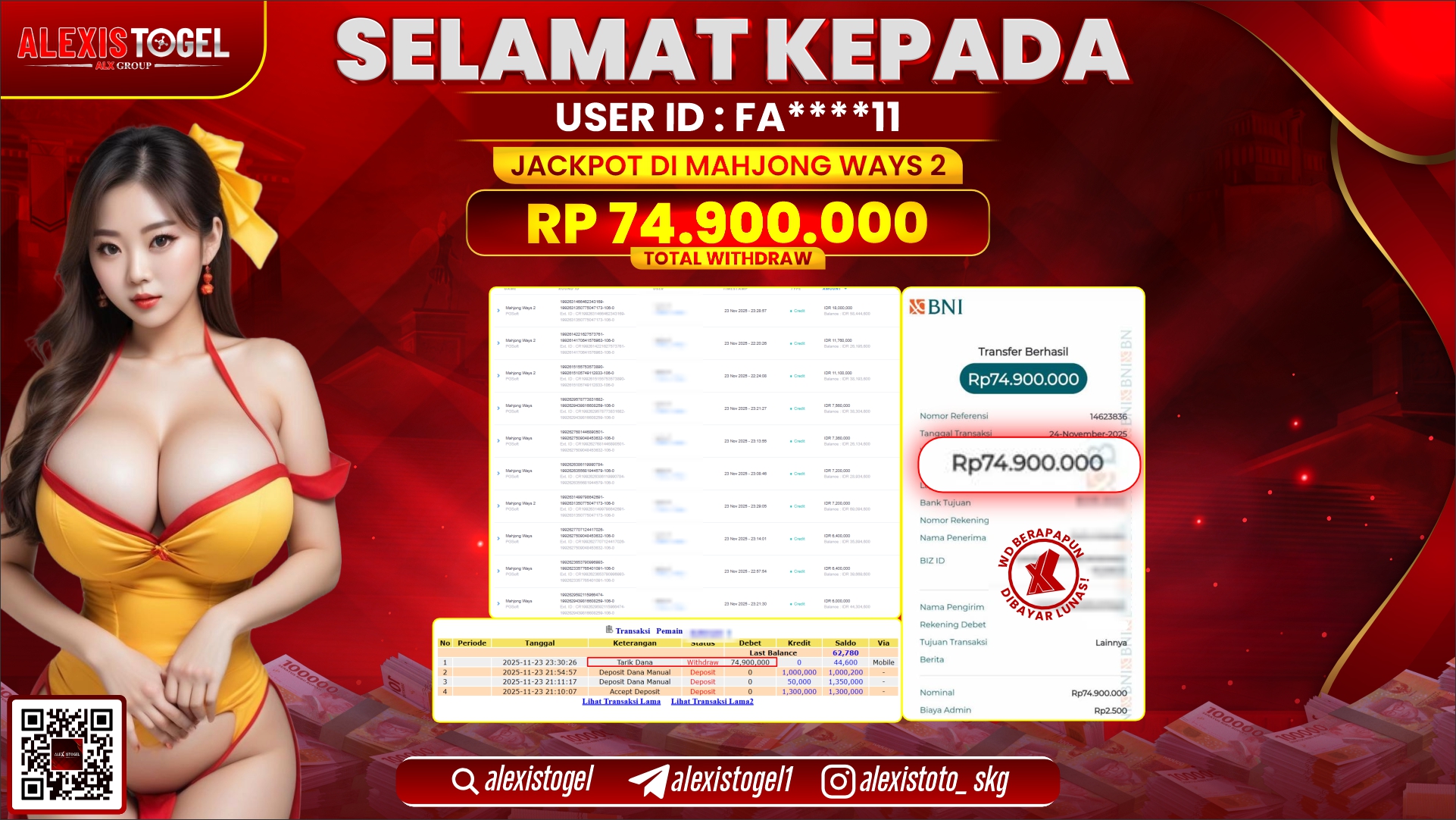 ALEXISTOGEL di SLOT MAHJONG WAYS 2 RP.74.900.000,- LUNAS