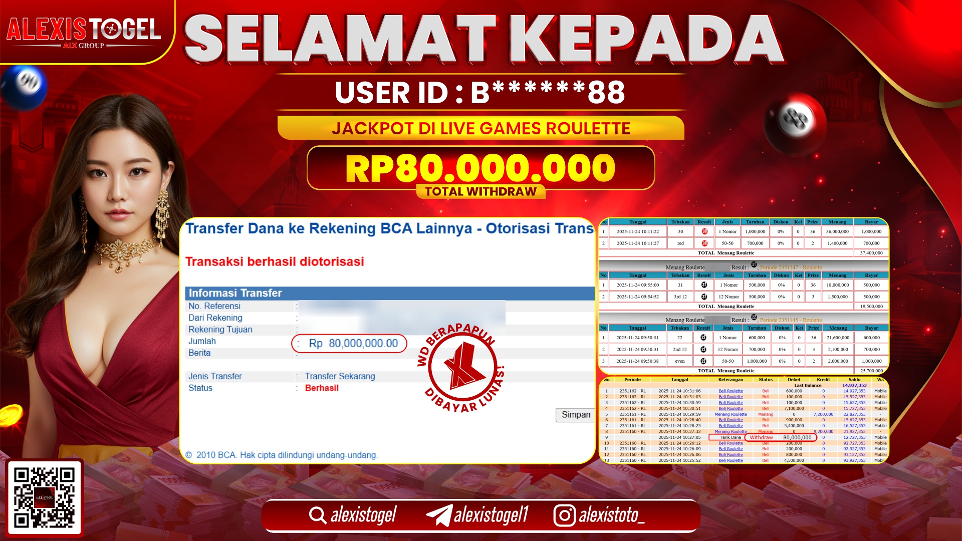 ALEXISTOGEL di CASINO ROULETTE RP.80.000.000,- LUNAS