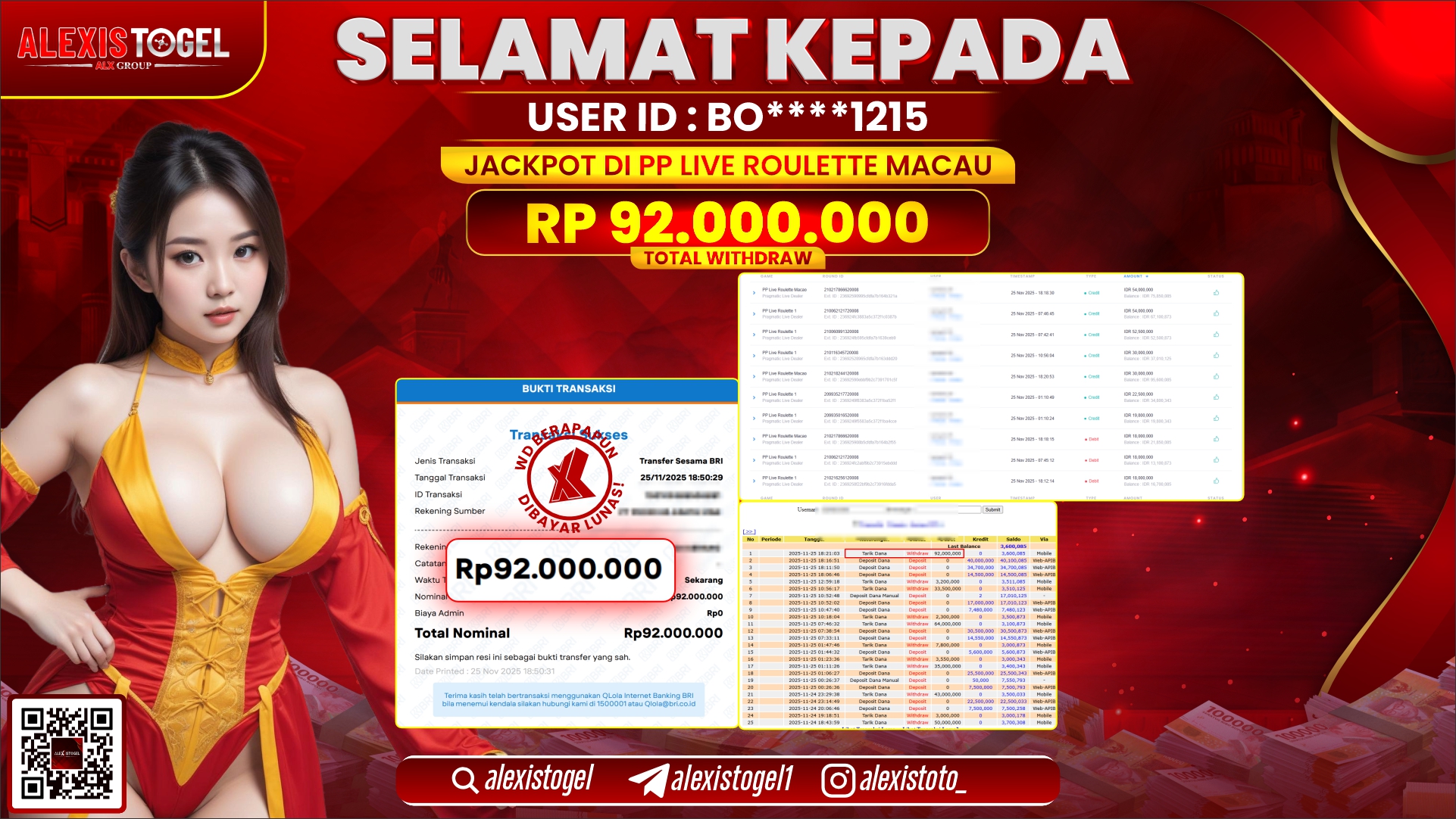 ALEXISTOGEL di PP LIVE ROULETTE MACAU RP.92.000.000,- LUNAS