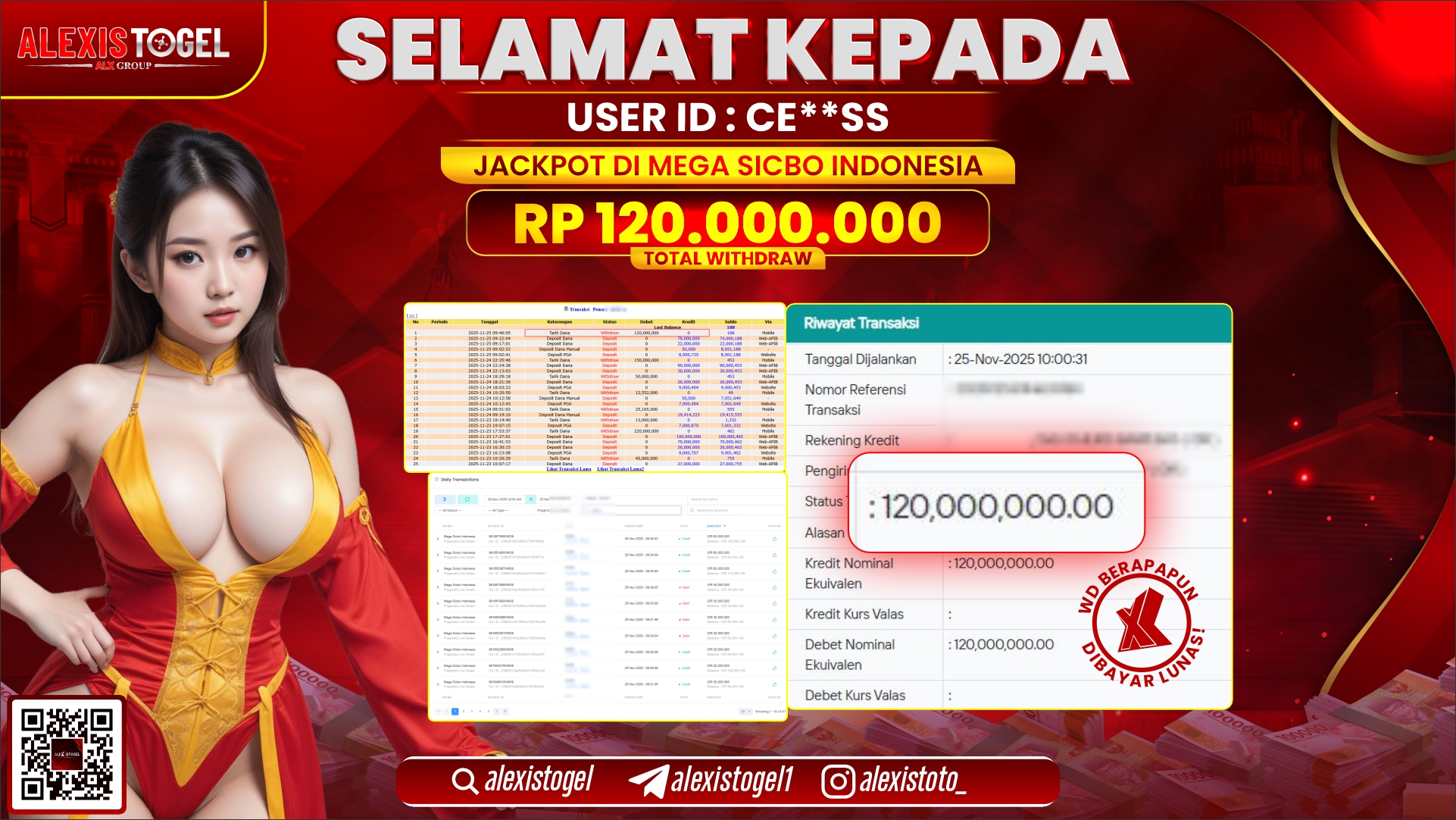 ALEXISTOGEL di CASINO MEGA SICBO INDONESIA RP120.000.000,- LUNAS