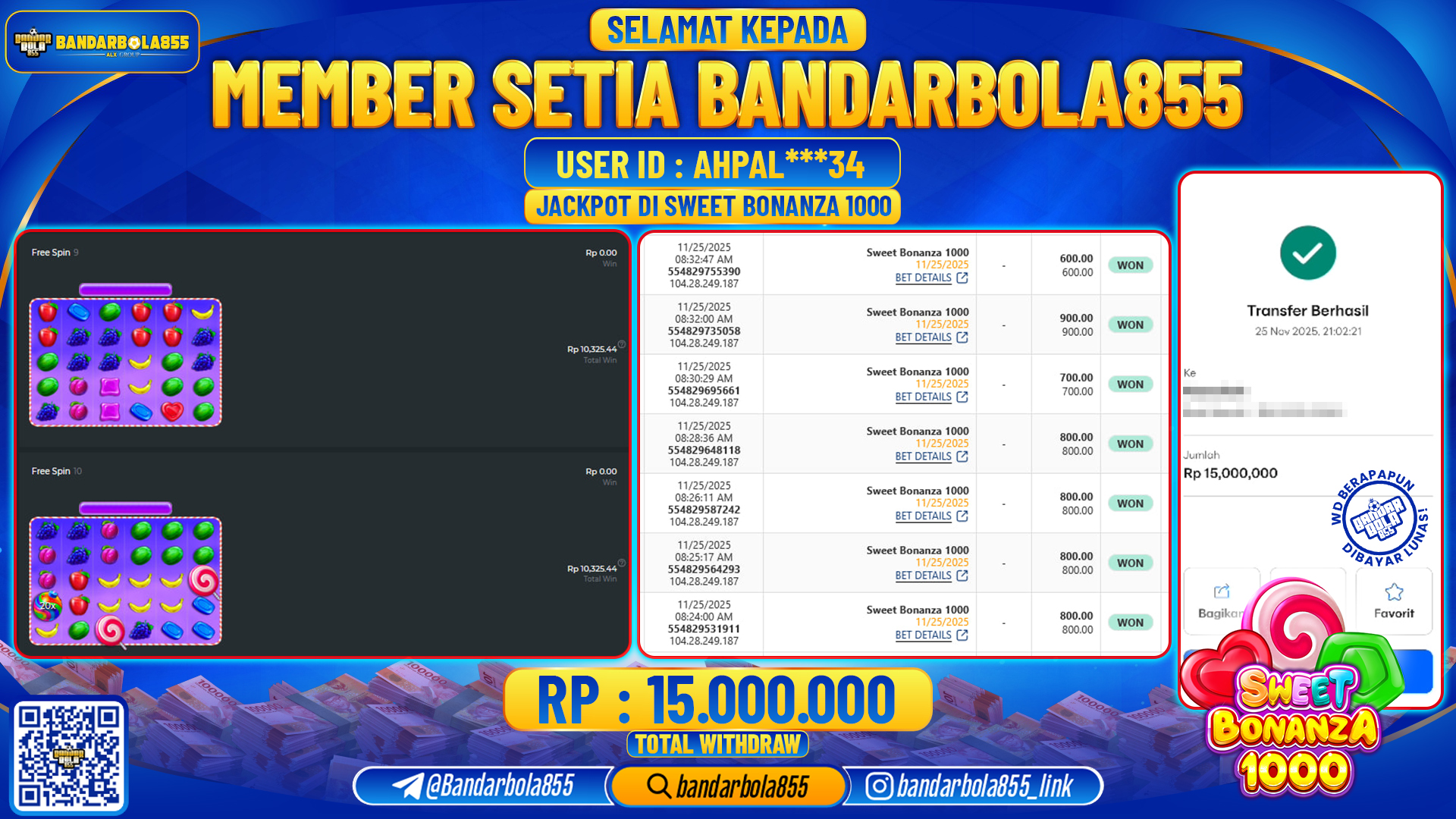 🎖 JACKPOT BANDARBOLA855 di SWEET BONANZA 1000 Rp15.000.000 🎖