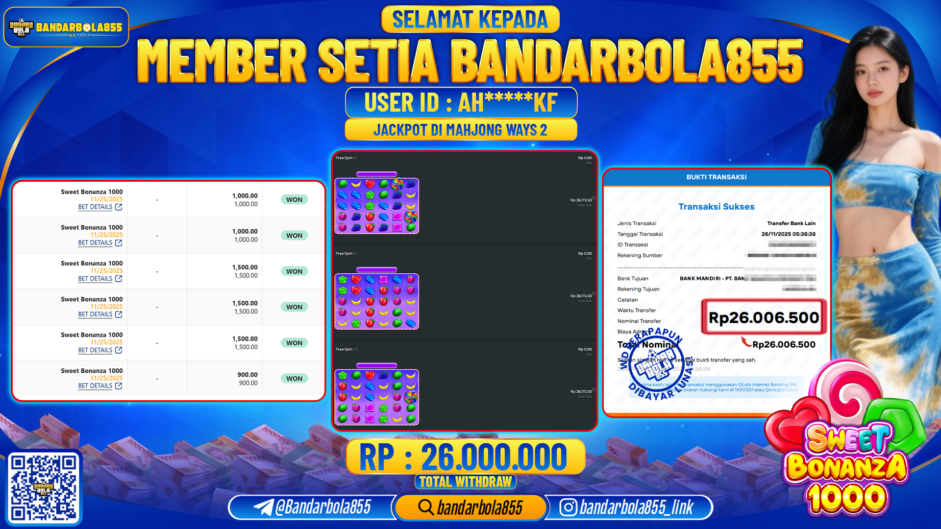 🎖 JACKPOT BANDARBOLA855 di MAHJONG WAYS 2 Rp26.000.000 🎖