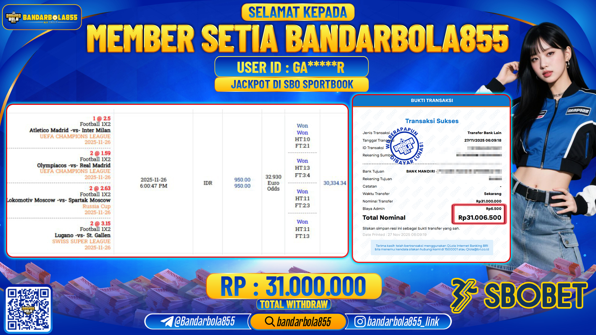 🎖 JACKPOT BANDARBOLA855 di SBO SPORTBOOK Rp31.000.000 🎖