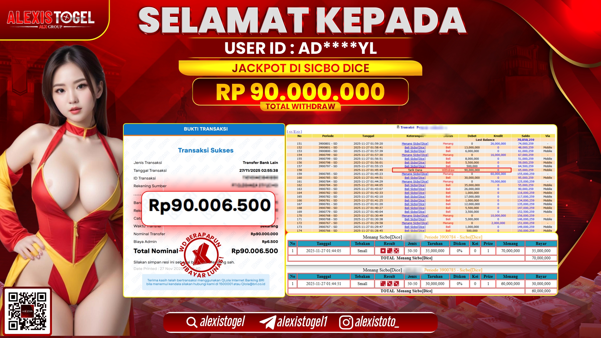 ALEXISTOGEL di CASINO SICBO DICE RP.90.000.000,- LUNAS