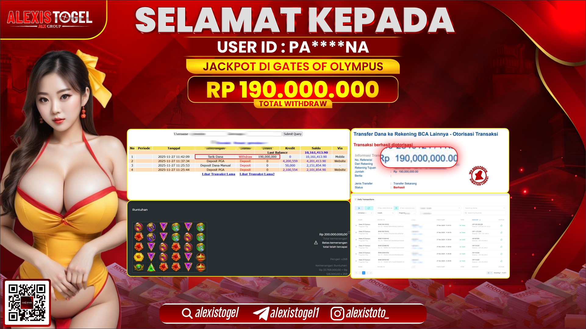 ALEXISTOGEL di SLOT GATES OF OLYMPUS RP.190.000.000,- LUNAS