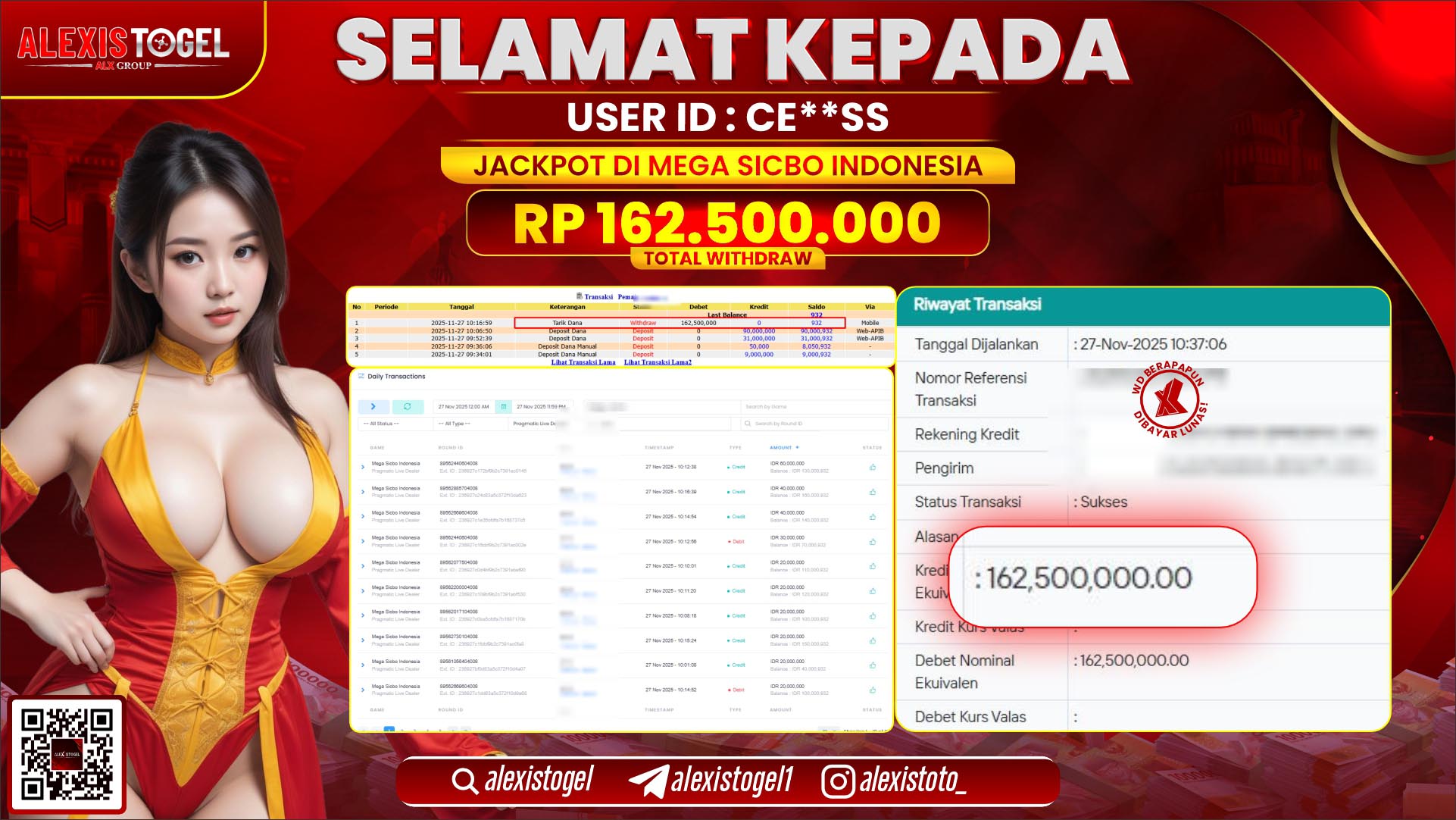 ALEXISTOGEL di CASINO MEGA SICBO INDONESIA RP.162.500.000,- LUNAS