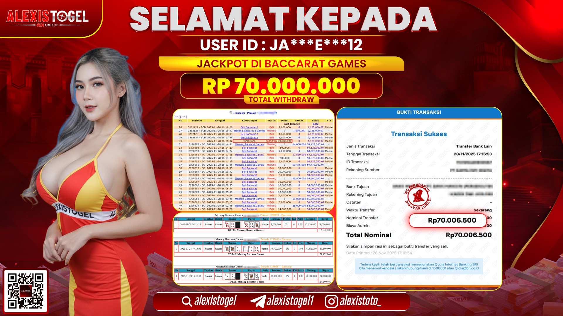 ALEXISTOGEL di CASINO BACCARAT GAMES RP.70.000.000,- LUNAS