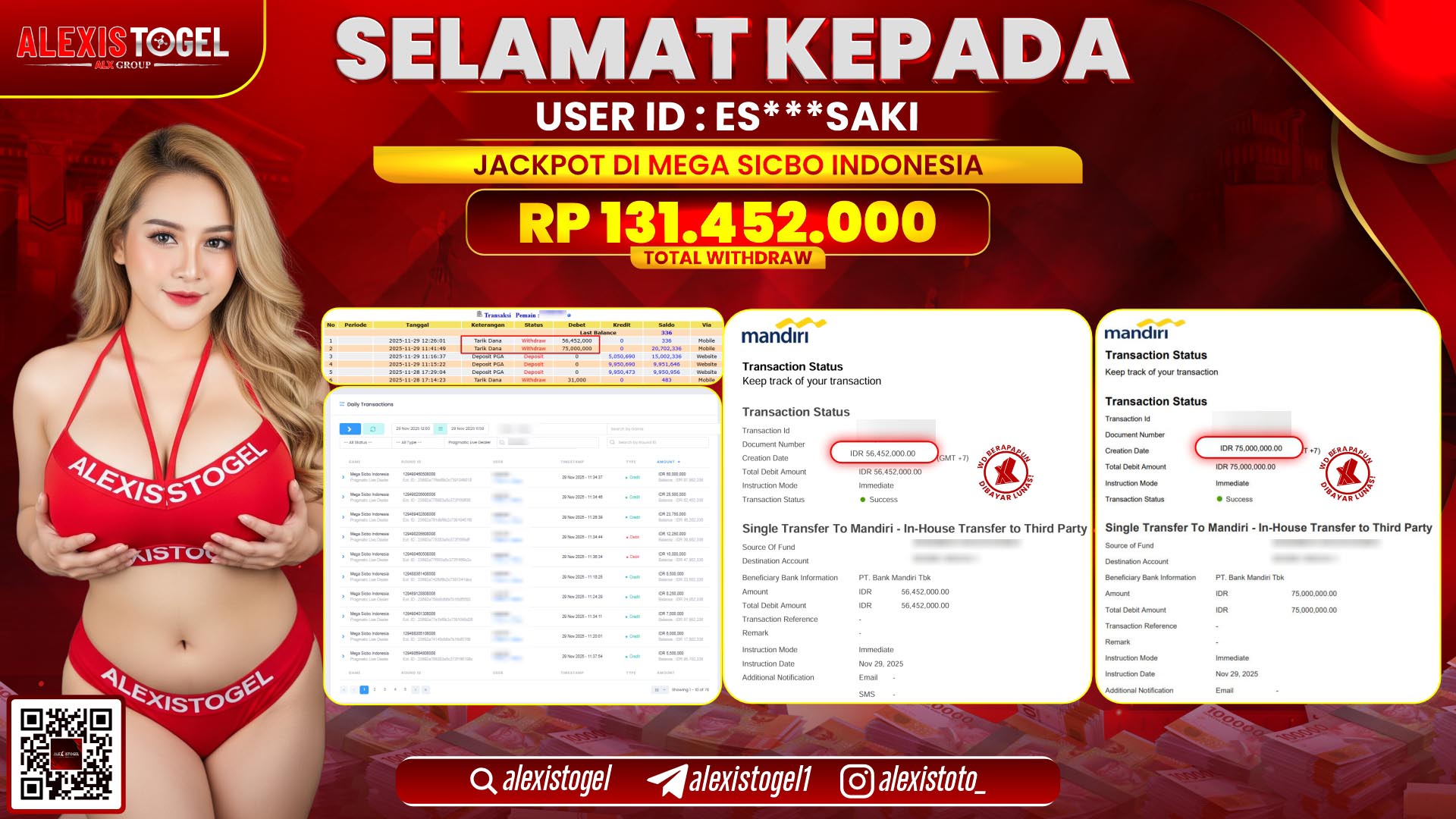 ALEXISTOGEL di CASINO MEGA SICBO INDONESIA RP.131.452.000,- LUNAS